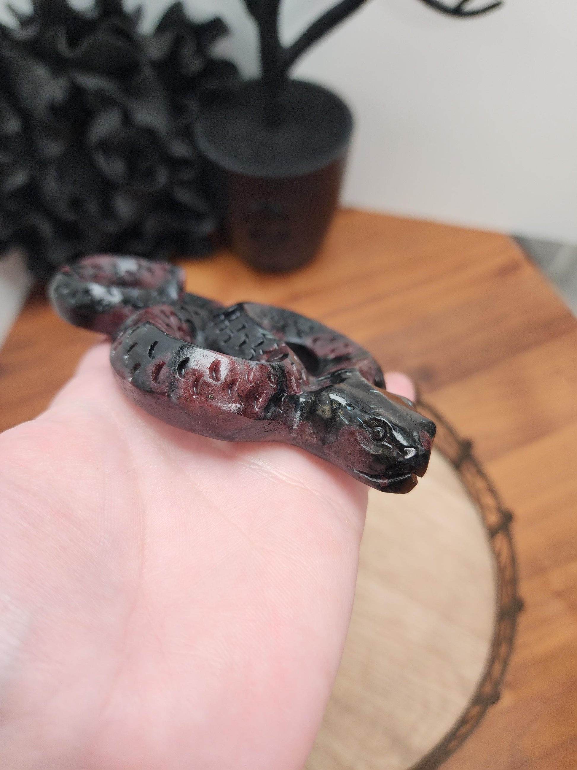Fireworks Garnet Snake | 4.5" Crystal Serpent | Ruby Red embedded in Black Astrophyllite with blue flash for Spooky Season | Lunar New Year