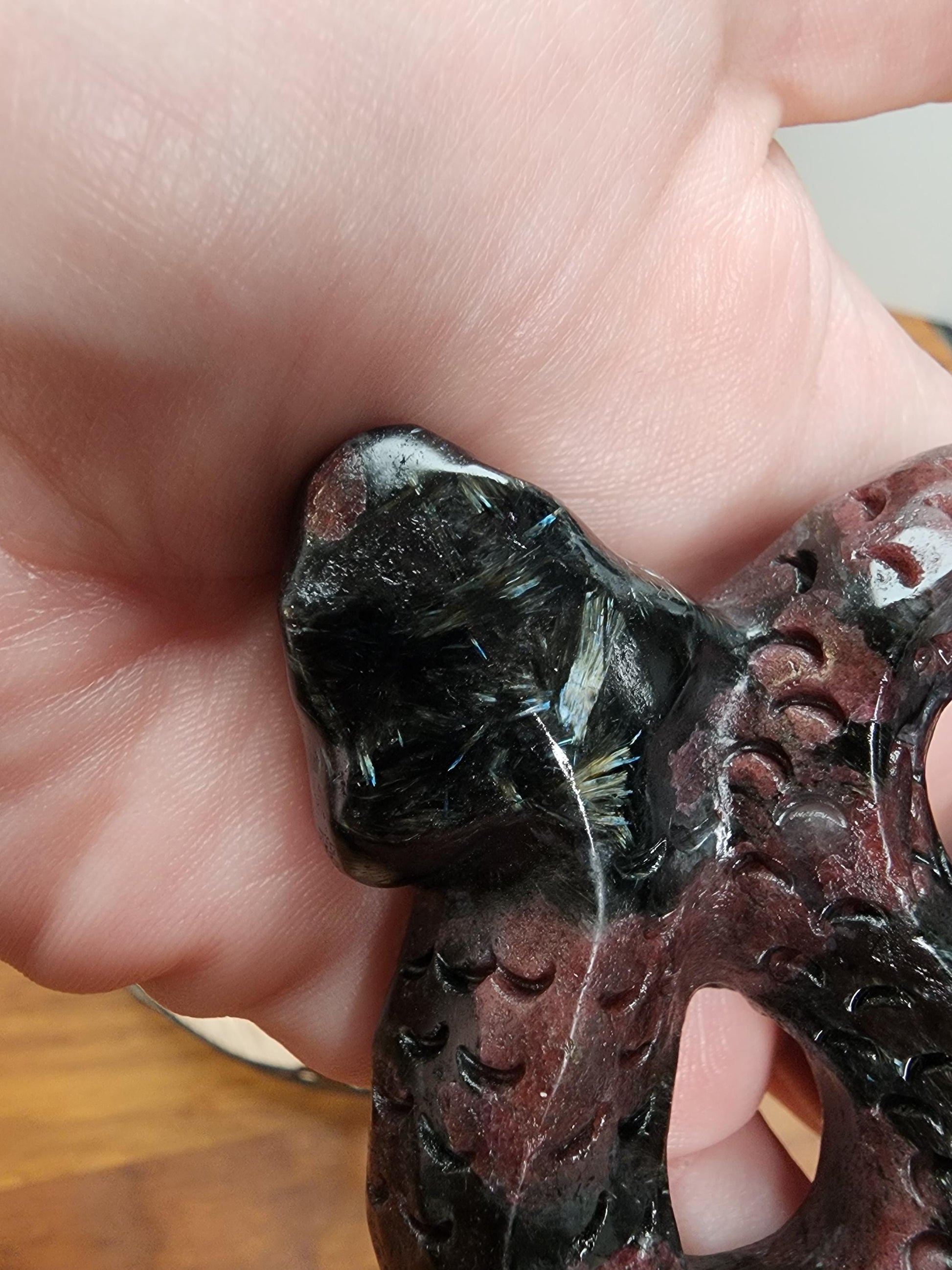 Fireworks Garnet Snake | 4.5" Crystal Serpent | Ruby Red embedded in Black Astrophyllite with blue flash for Spooky Season | Lunar New Year