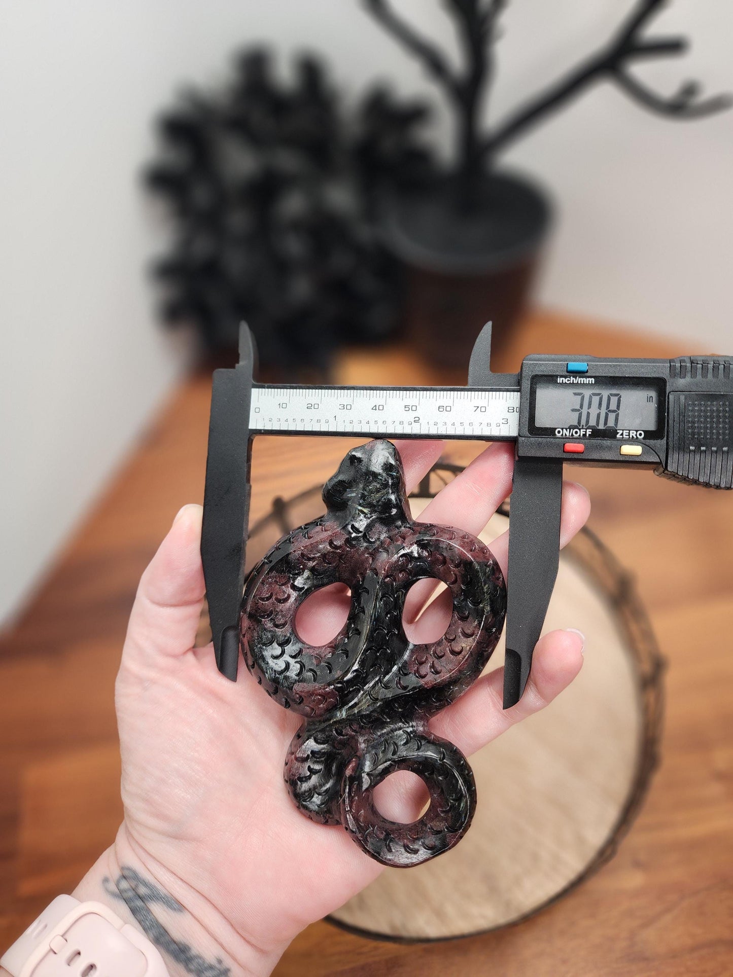 Fireworks Garnet Snake | 4.5" Crystal Serpent | Ruby Red embedded in Black Astrophyllite with blue flash for Spooky Season | Lunar New Year