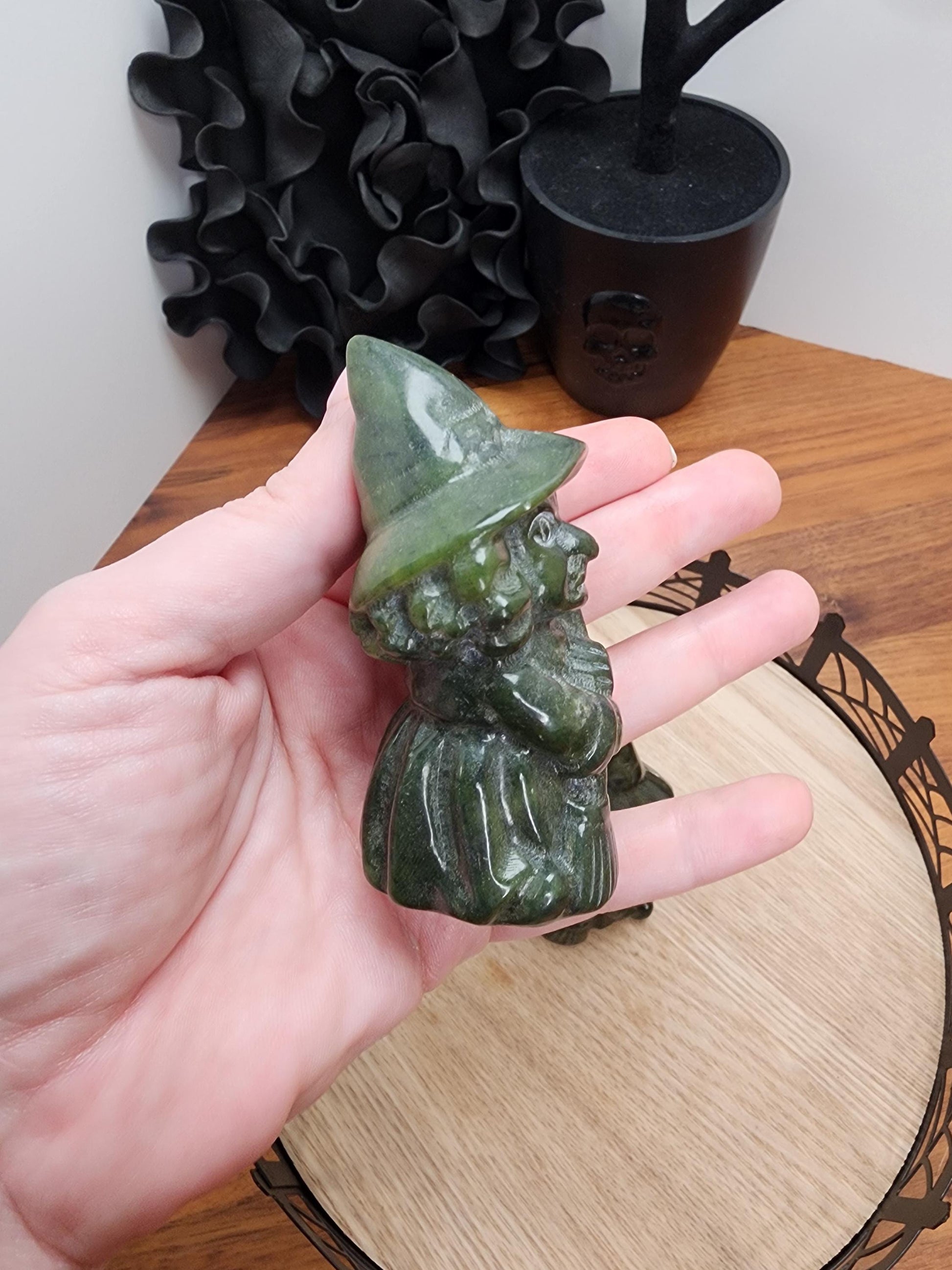 Green Jade Wise Old Witch | 3" Crystal Carving with beautiful detail all the way around. | Kitchen Witchery | Intuitively Chosen