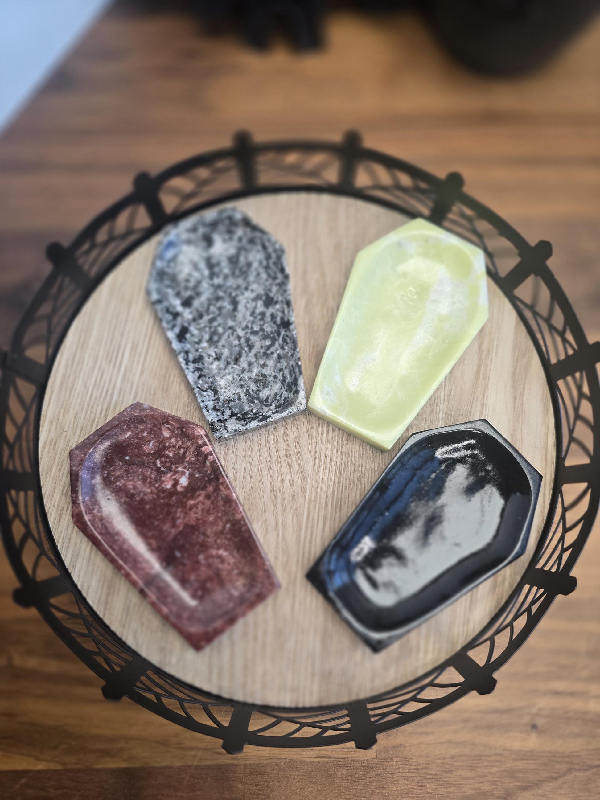 Crystal Coffin Ring Dish | Goth Jewelry Bowl | Spooky Witchy Decor | Granite, Strawberry Jasper, Serpentine and Black Coated Serpentine