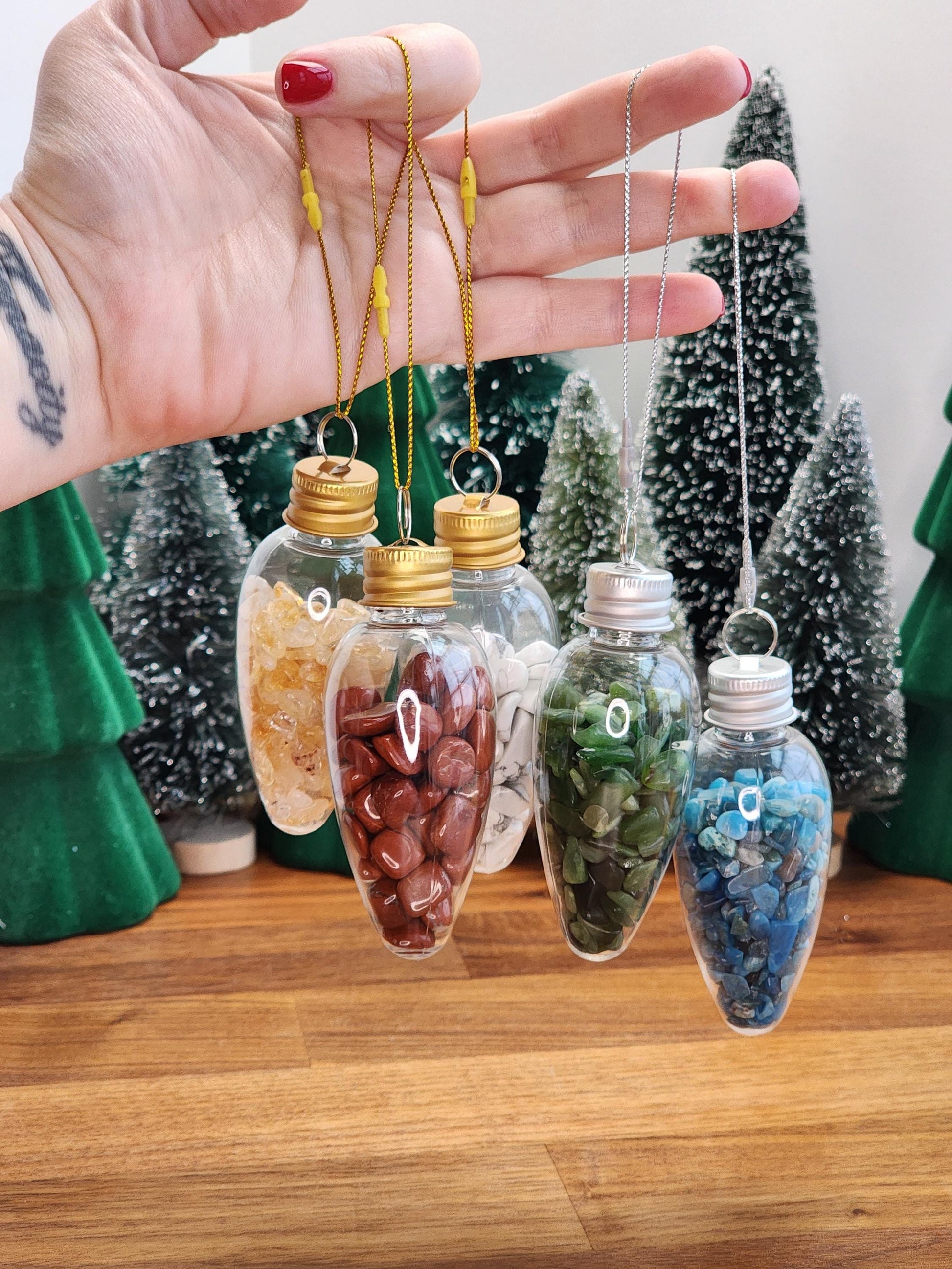 Crystal Chips Tree Ornaments | Hanging Christmas Bulbs | Kid Rock Crafts | Geology Rocks! | Green & Red | Natural Holiday Decor by Sullivan