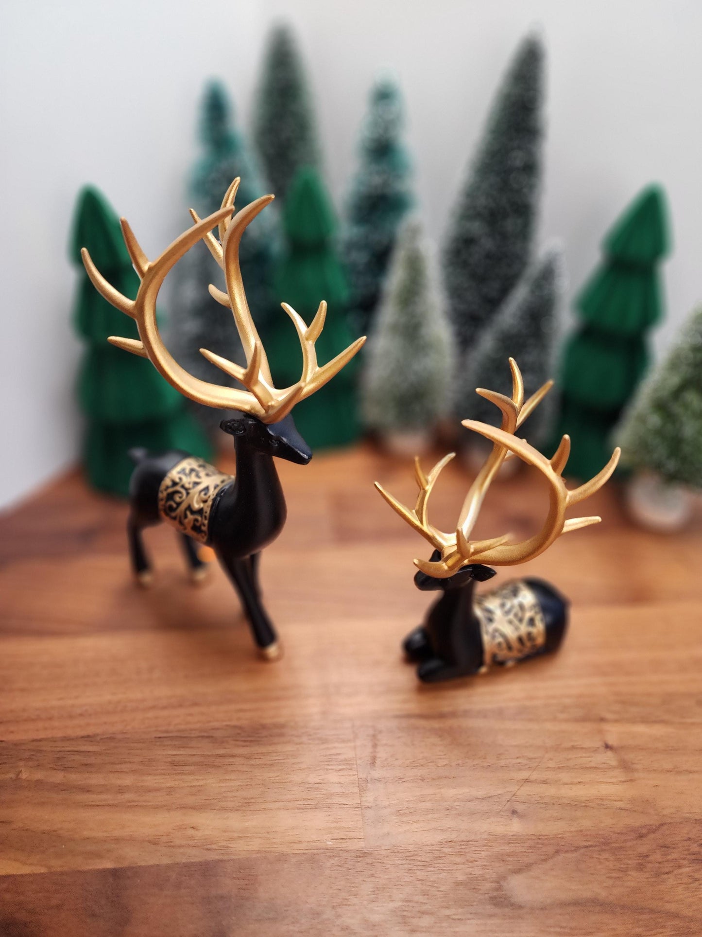 Black Deer Crystal Sphere Stand Set | Classy Christmas & Winter Decor | 8" Mama and 5.5" Baby | Stag Gold Antlers | Husband and wife gift