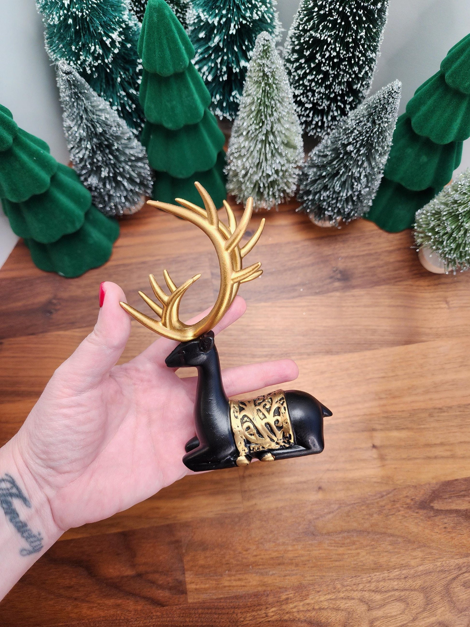 Black Deer Crystal Sphere Stand Set | Classy Christmas & Winter Decor | 8" Mama and 5.5" Baby | Stag Gold Antlers | Husband and wife gift