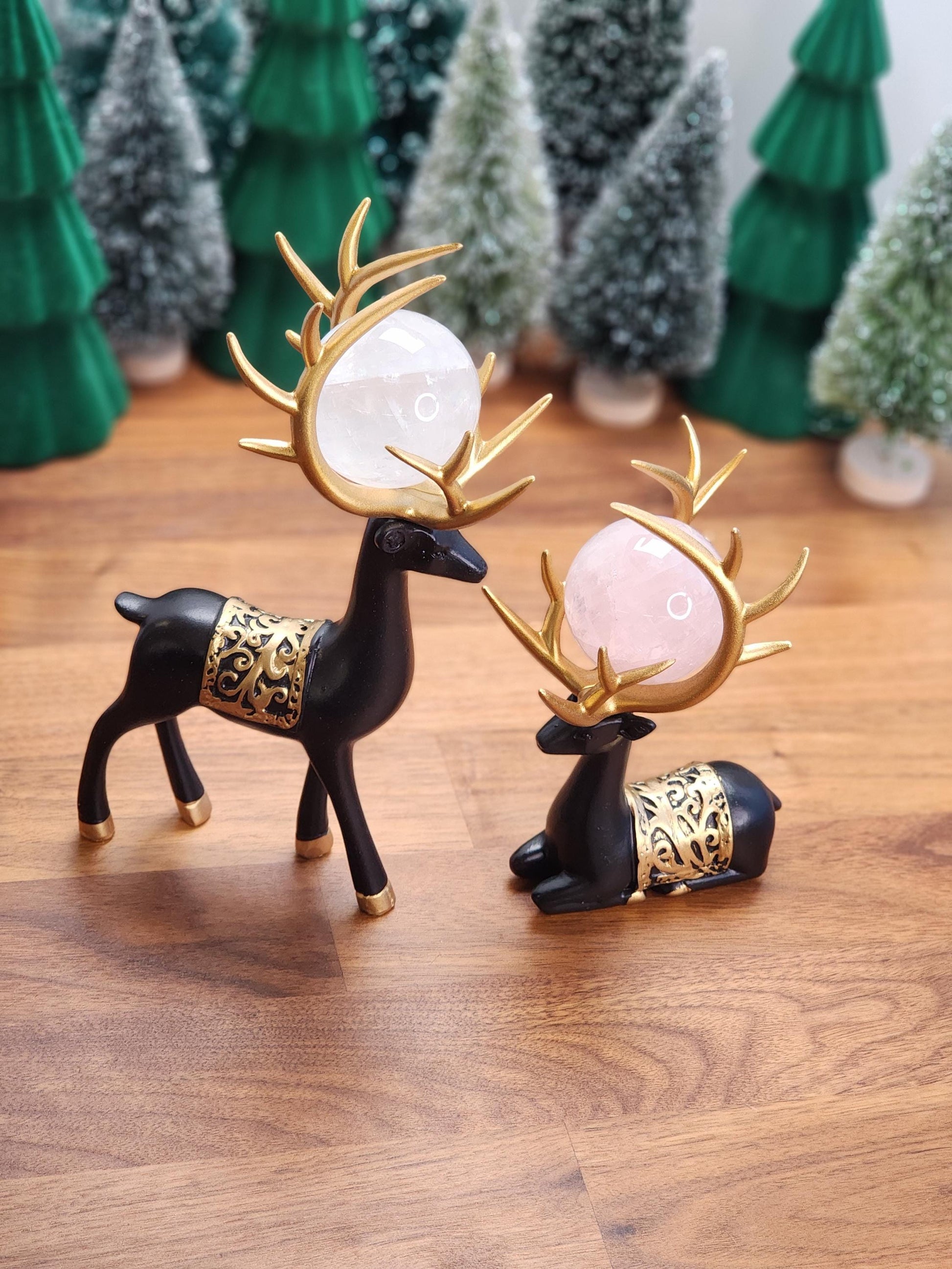 Black Deer Crystal Sphere Stand Set | Classy Christmas & Winter Decor | 8" Mama and 5.5" Baby | Stag Gold Antlers | Husband and wife gift