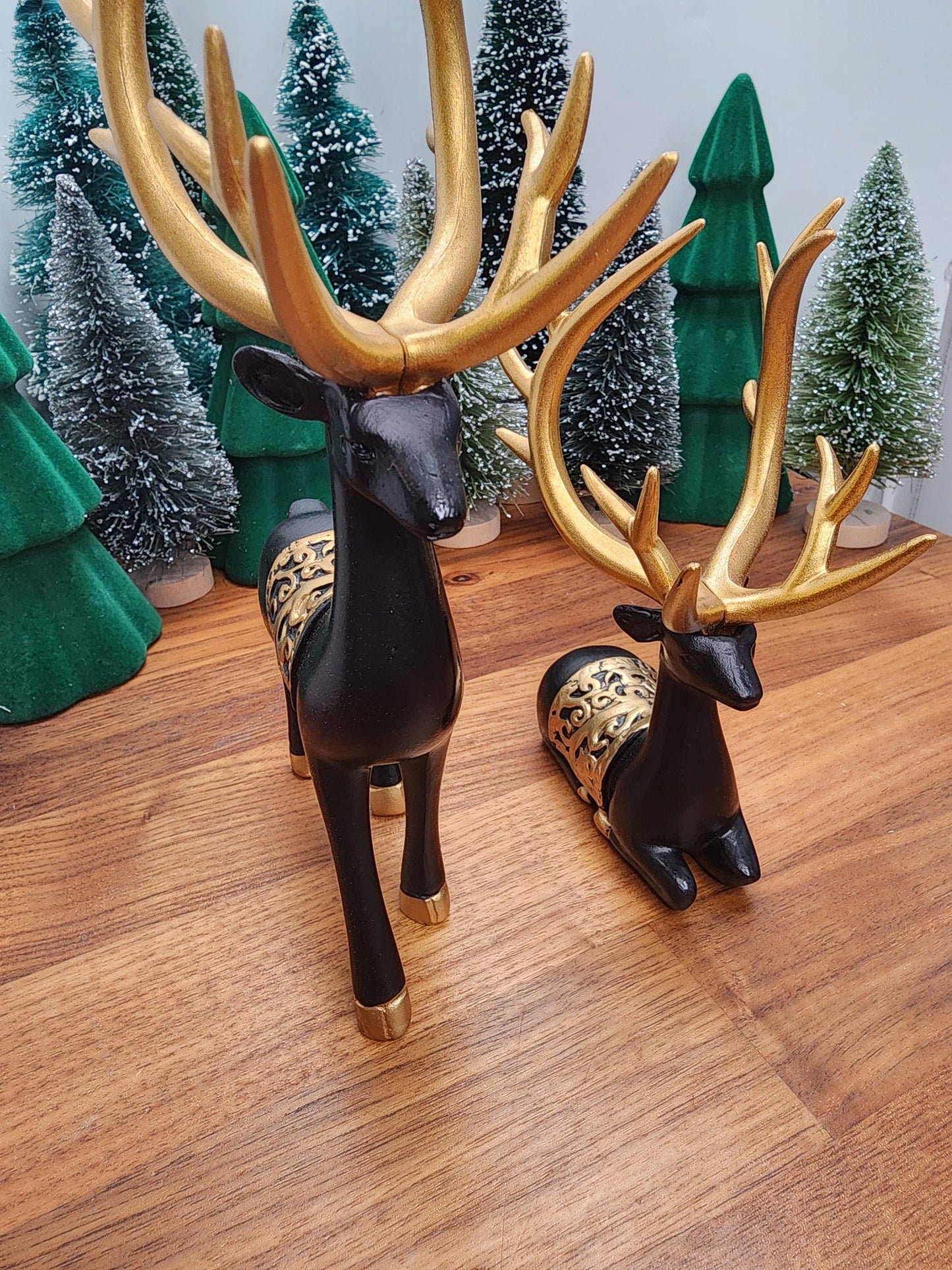 Black Deer Crystal Sphere Stand Set | Classy Christmas & Winter Decor | 8" Mama and 5.5" Baby | Stag Gold Antlers | Husband and wife gift