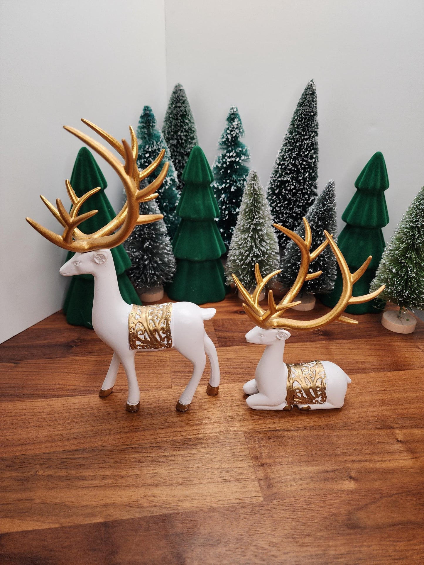 White Deer Crystal Sphere Stand Set: Gold Antler Winter Decor
