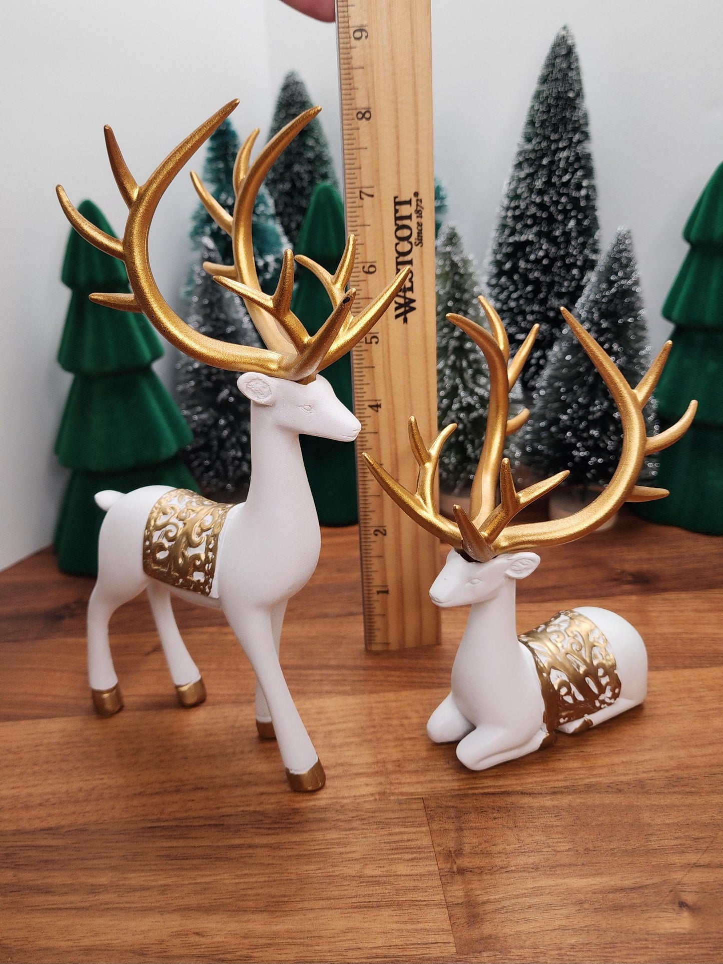 White Deer Crystal Sphere Stand Set | Classy Christmas & Winter Decor | 8" Mama and 5.5" Baby | Stag Gold Antlers | Husband and wife gift