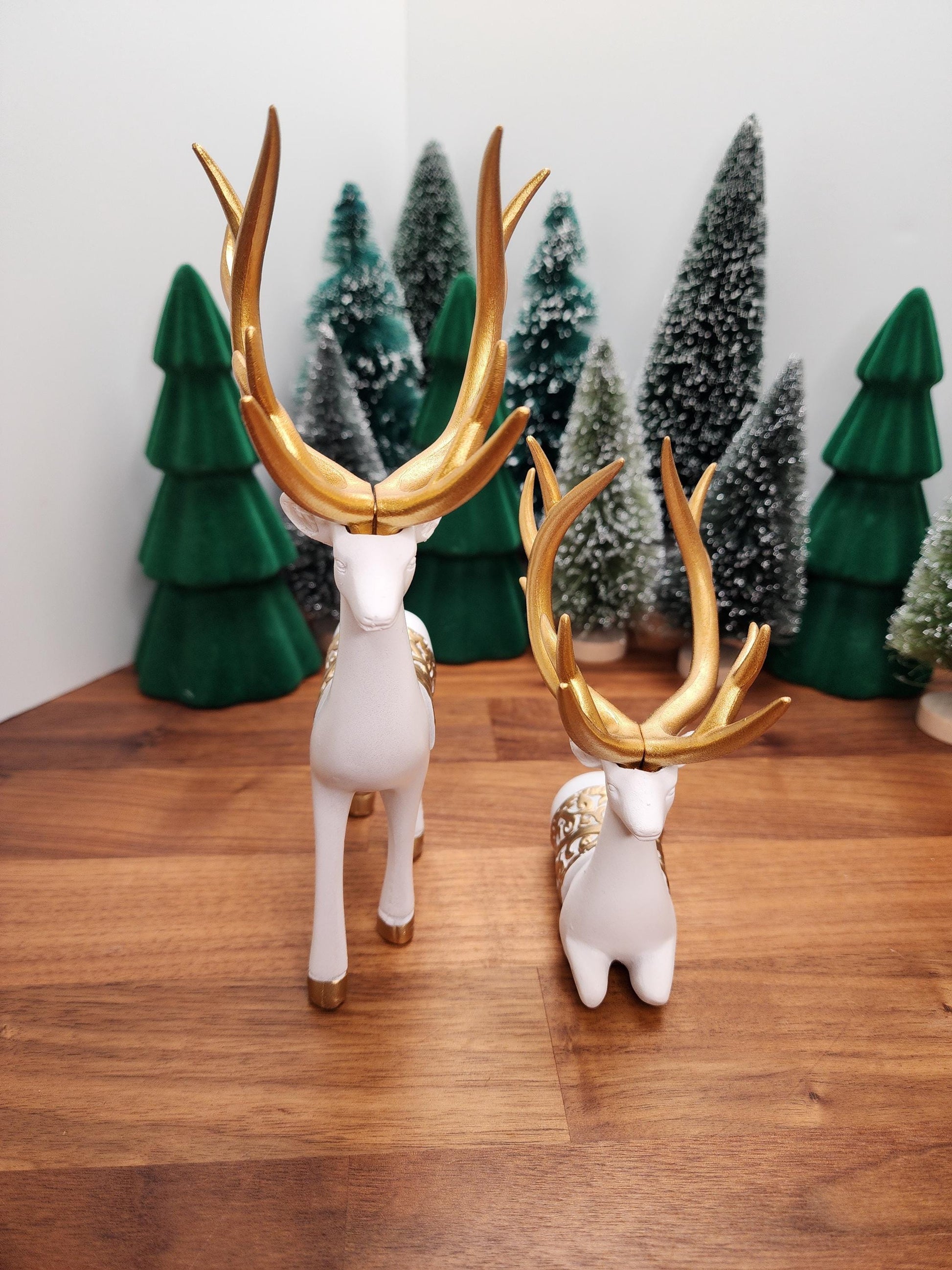 White Deer Crystal Sphere Stand Set | Classy Christmas & Winter Decor | 8" Mama and 5.5" Baby | Stag Gold Antlers | Husband and wife gift