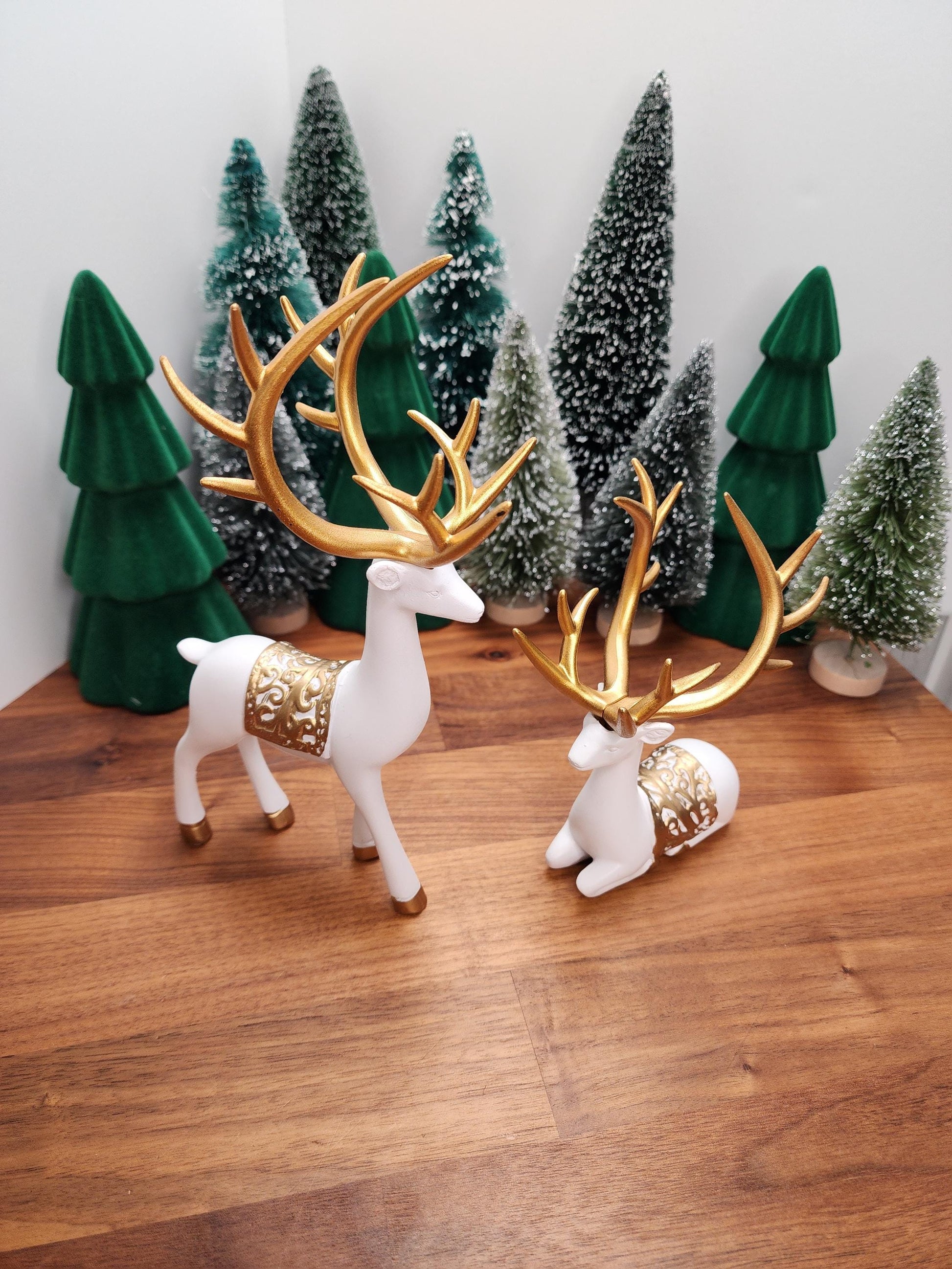 White Deer Crystal Sphere Stand Set | Classy Christmas & Winter Decor | 8" Mama and 5.5" Baby | Stag Gold Antlers | Husband and wife gift