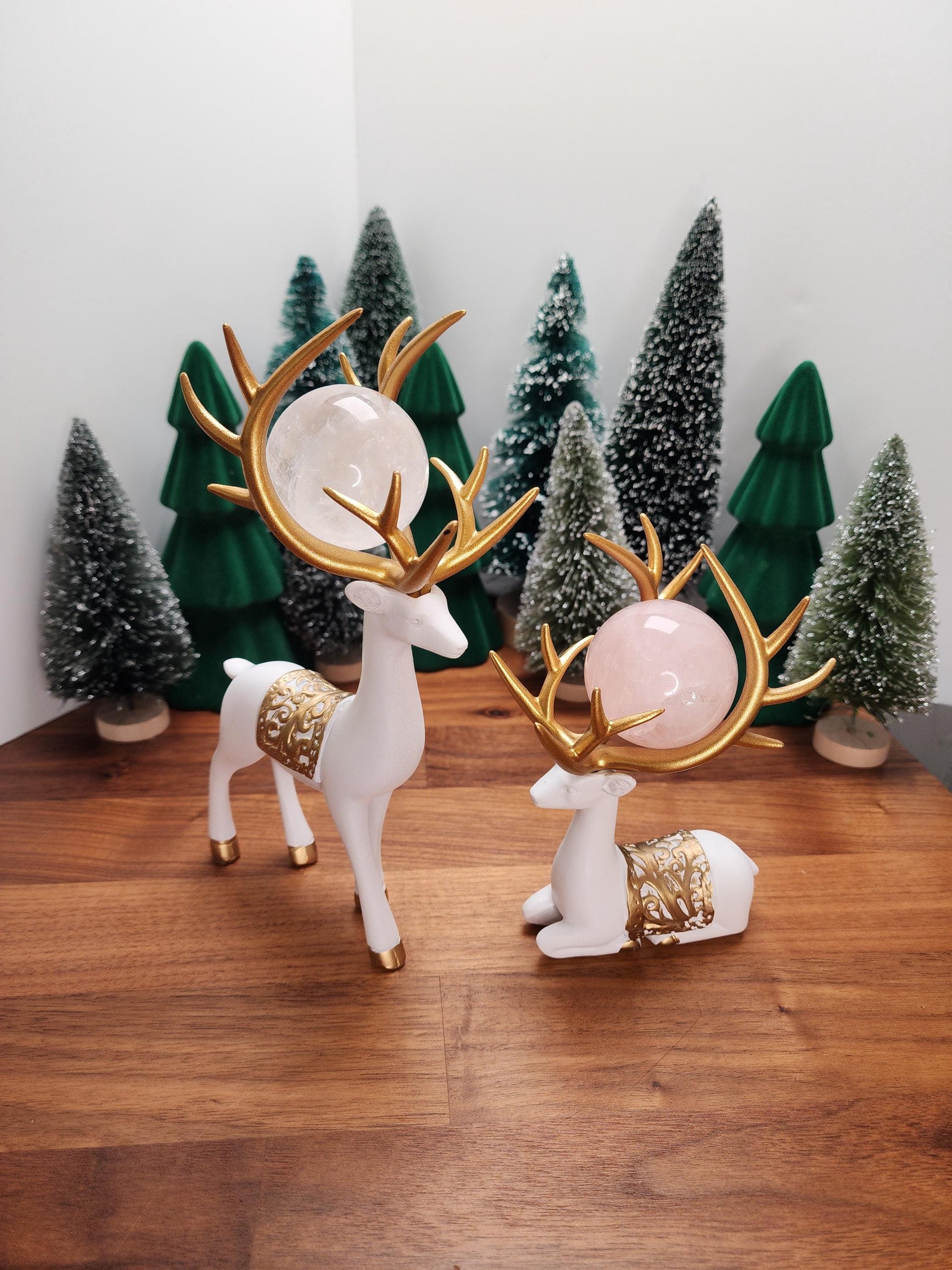 White Deer Crystal Sphere Stand Set | Classy Christmas & Winter Decor | 8" Mama and 5.5" Baby | Stag Gold Antlers | Husband and wife gift