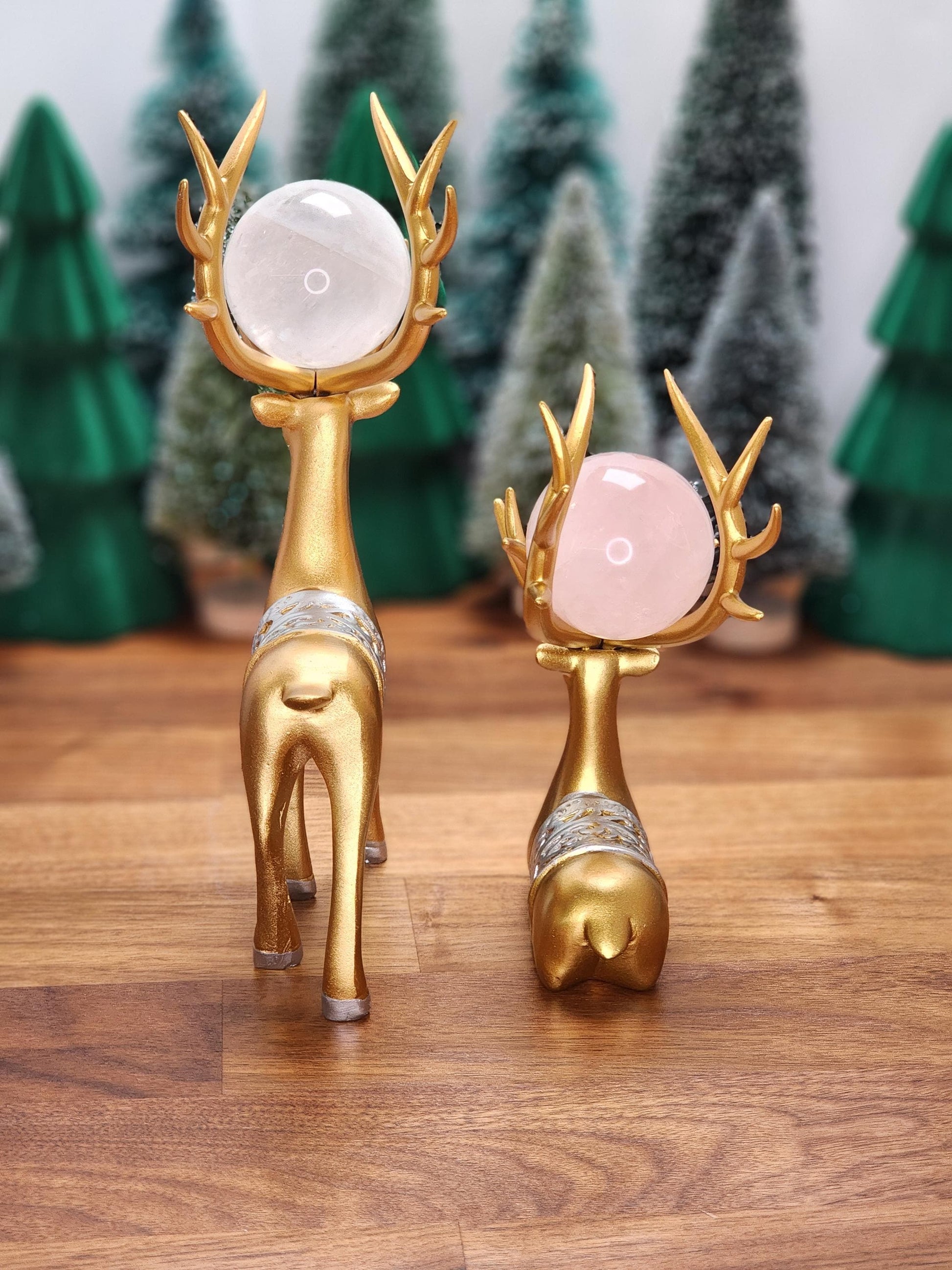 Gold Deer Crystal Sphere Stand Set | Classy Christmas & Winter Decor | 8" Mama and 5.5" Baby | Stag with Silver Antlers | Husband wife gift