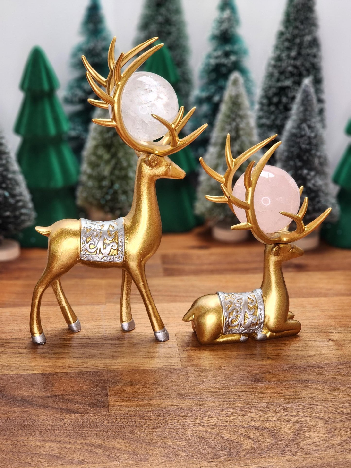 Gold Deer Crystal Sphere Stand Set | Classy Christmas & Winter Decor | 8" Mama and 5.5" Baby | Stag with Silver Antlers | Husband wife gift