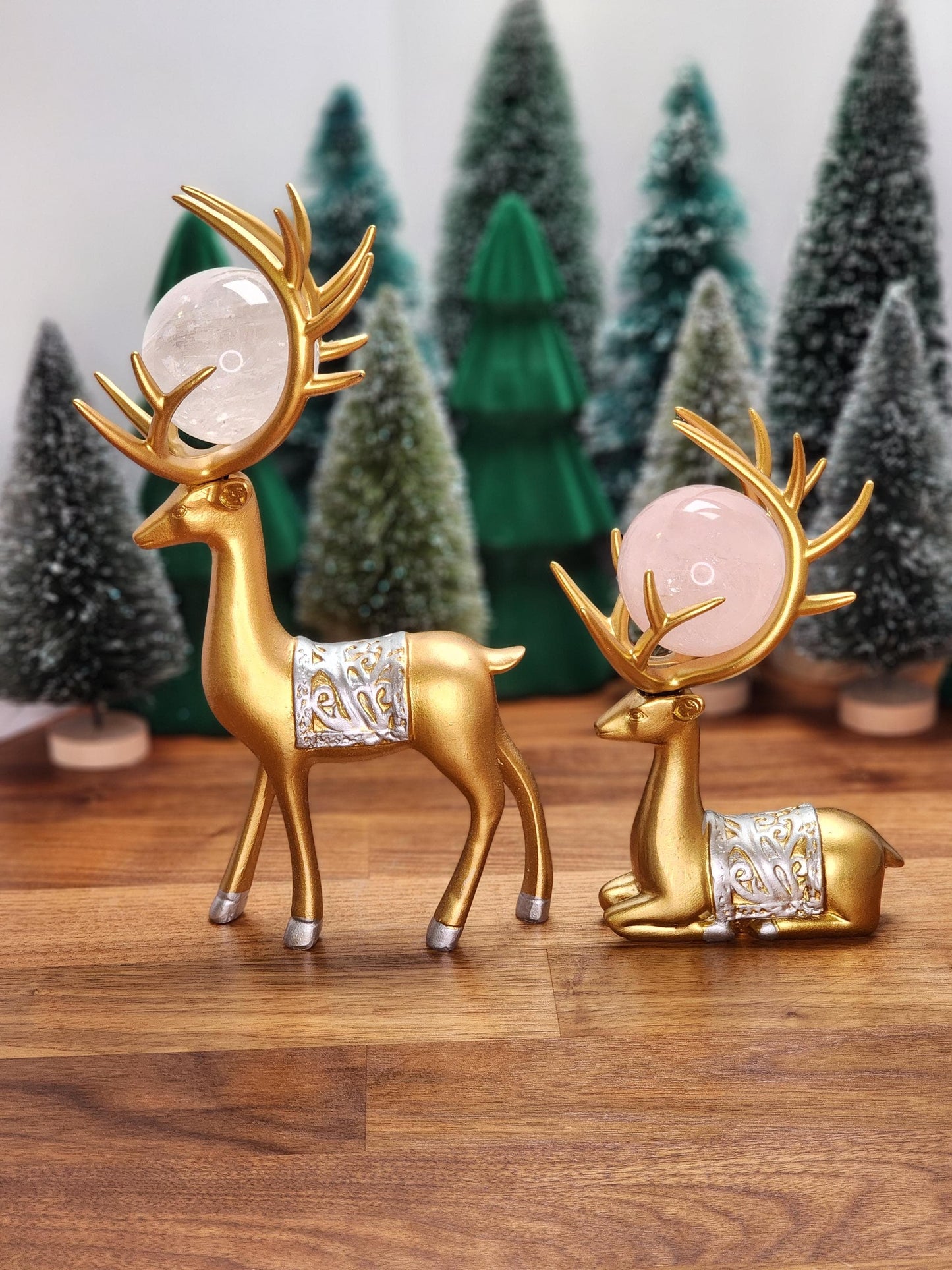 Gold Deer Crystal Sphere Stand Set | Classy Christmas & Winter Decor | 8" Mama and 5.5" Baby | Stag with Silver Antlers | Husband wife gift