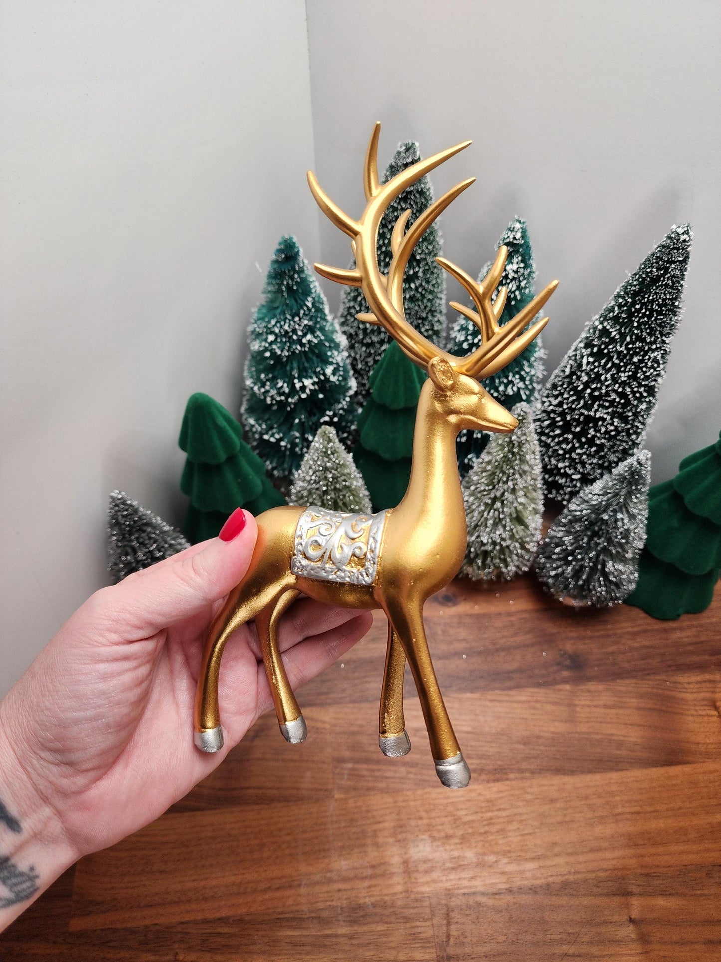 Gold Deer Crystal Sphere Stand Set | Classy Christmas & Winter Decor | 8" Mama and 5.5" Baby | Stag with Silver Antlers | Husband wife gift