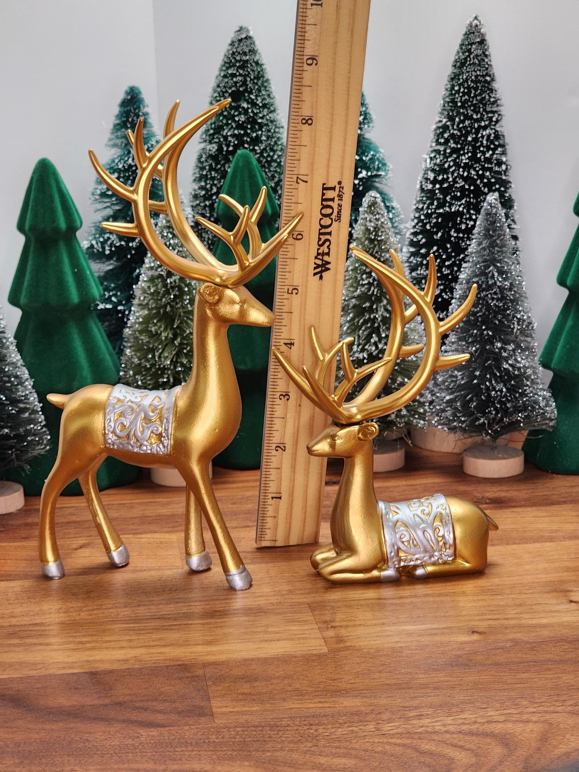 Gold Deer Crystal Sphere Stand Set | Classy Christmas & Winter Decor | 8" Mama and 5.5" Baby | Stag with Silver Antlers | Husband wife gift