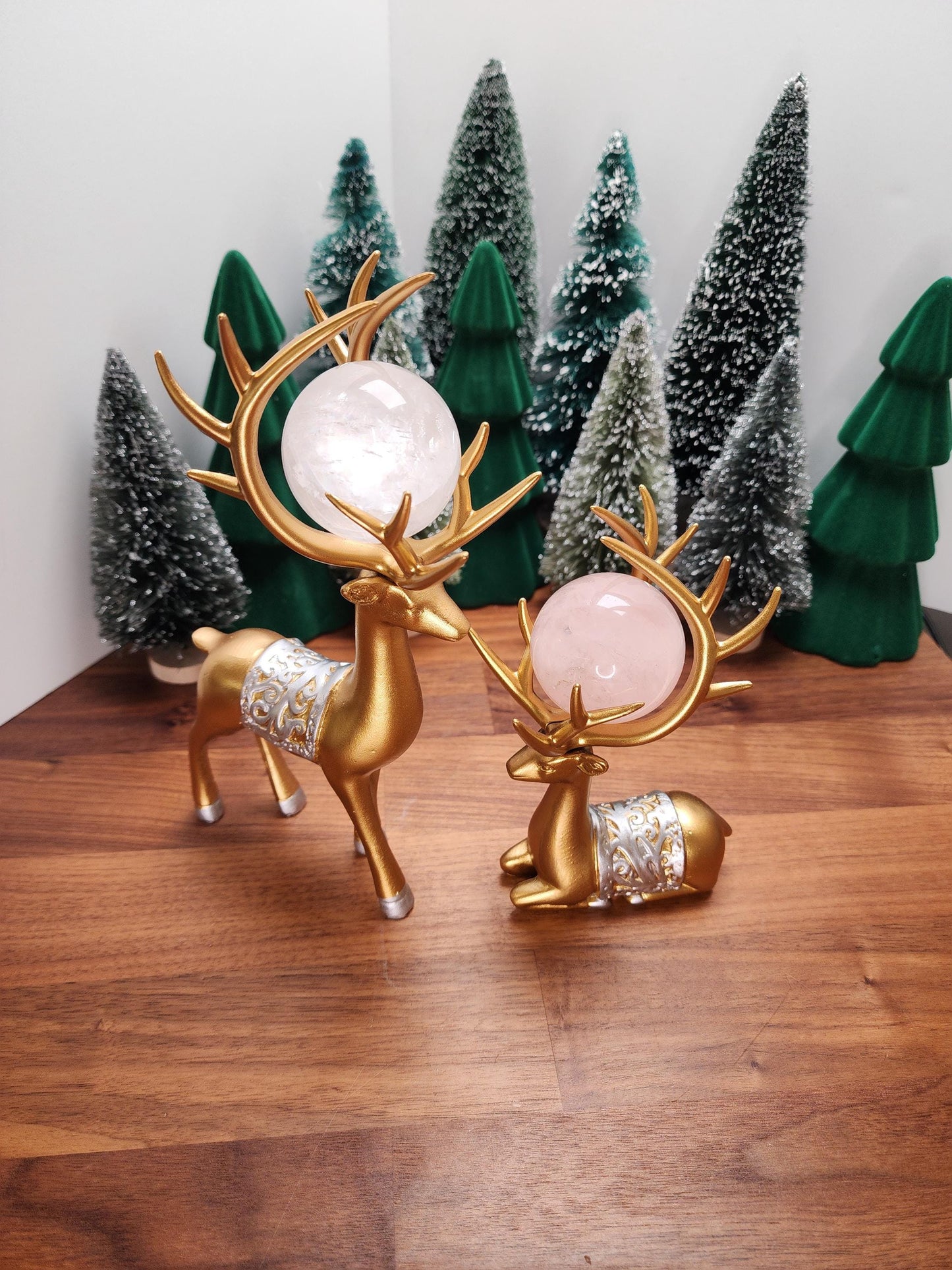 Gold Deer Crystal Sphere Stand Set | Classy Christmas & Winter Decor | 8" Mama and 5.5" Baby | Stag with Silver Antlers | Husband wife gift