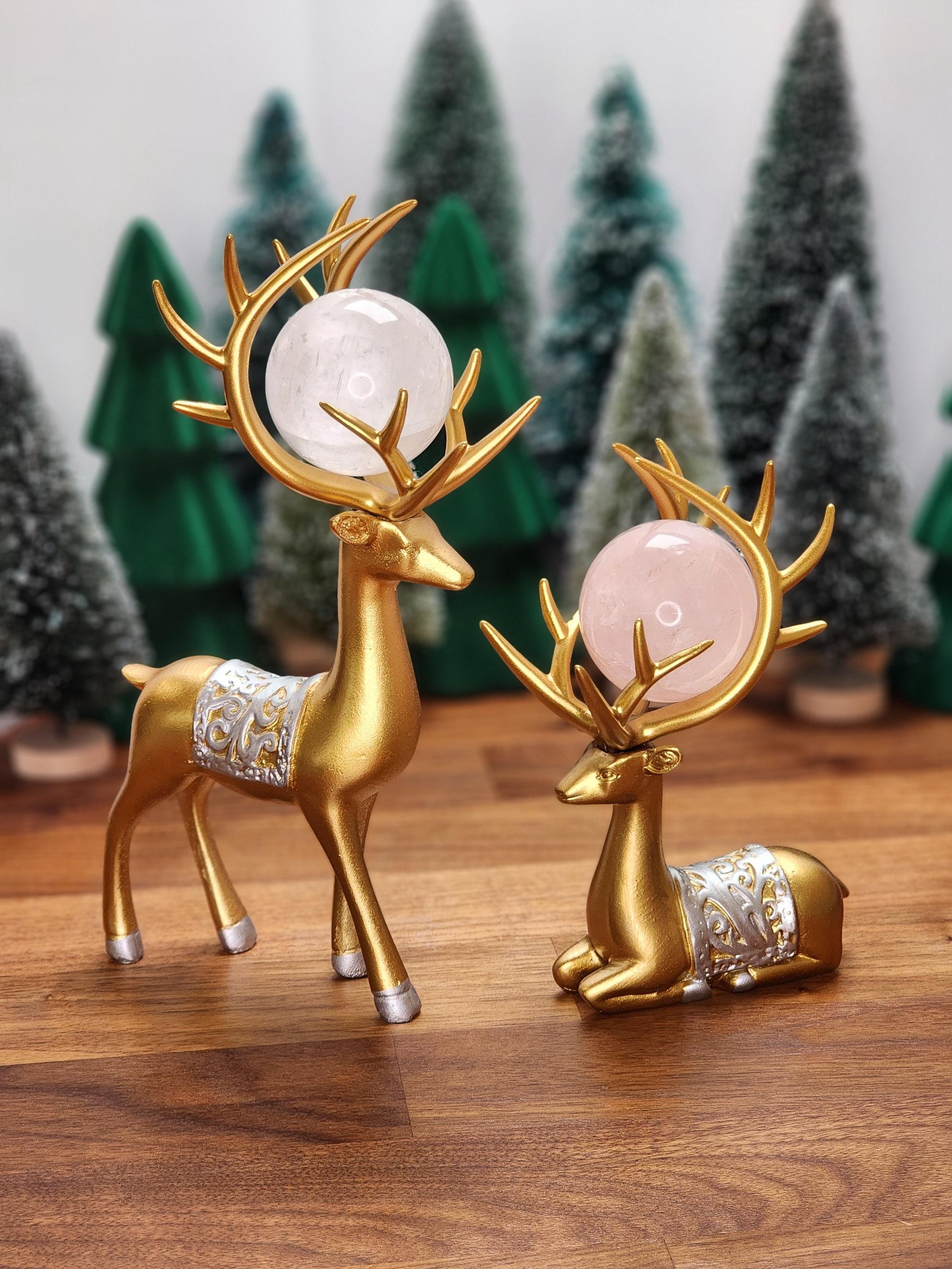 Gold Deer Crystal Sphere Stand Set | Classy Christmas & Winter Decor | 8" Mama and 5.5" Baby | Stag with Silver Antlers | Husband wife gift