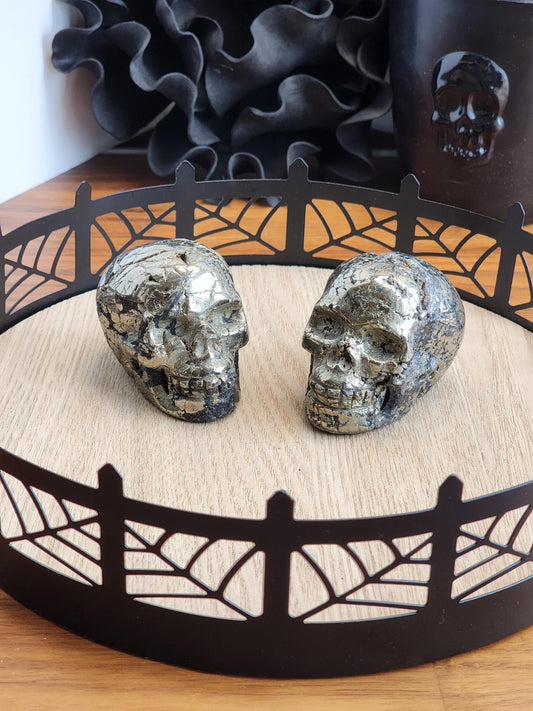 Crackle Pyrite Skulls | 2.3" Crystal Carvings | Gold Spooky Season decor | Scary Halloween Village Ideas | Prosperity Gifts for Manifesting