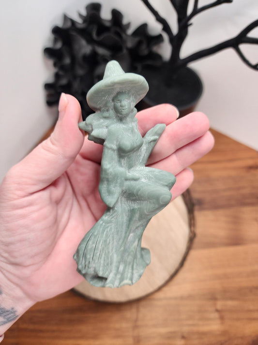 Lushan Jade Green Witch | 4.5" Detailed Crystal Carving of earthy woman sitting on her broom complete with pointy hat! | Gifts for Witches!