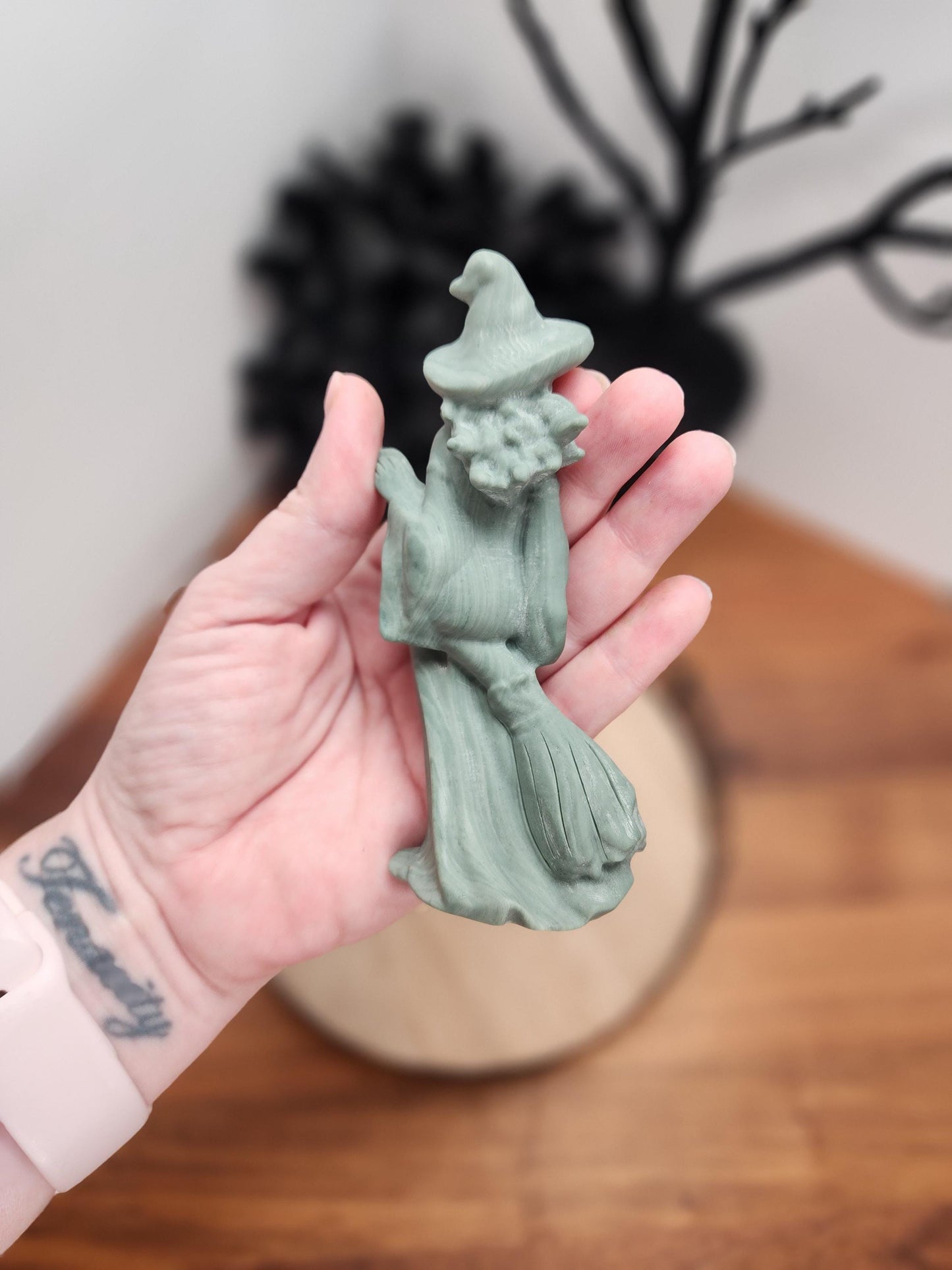 Lushan Jade Green Witch | 4.5" Detailed Crystal Carving of earthy woman sitting on her broom complete with pointy hat! | Gifts for Witches!