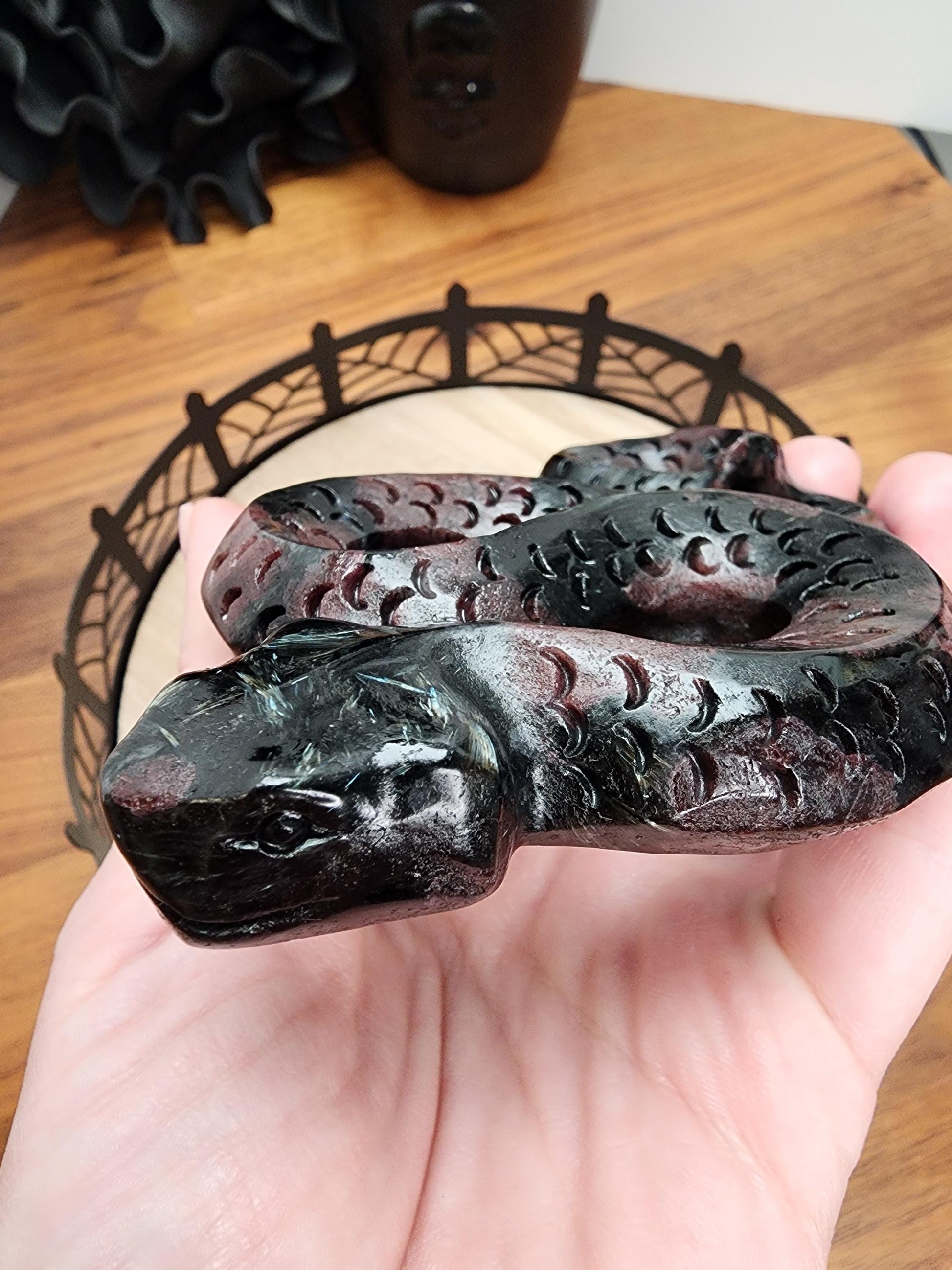 Fireworks Garnet Snake | 4.5" Crystal Serpent | Ruby Red embedded in Black Astrophyllite with blue flash for Spooky Season | Lunar New Year
