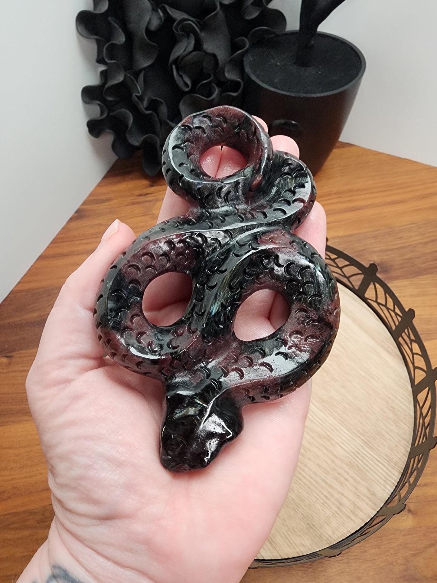 Fireworks Garnet Snake | 4.5" Crystal Serpent | Ruby Red embedded in Black Astrophyllite with blue flash for Spooky Season | Lunar New Year