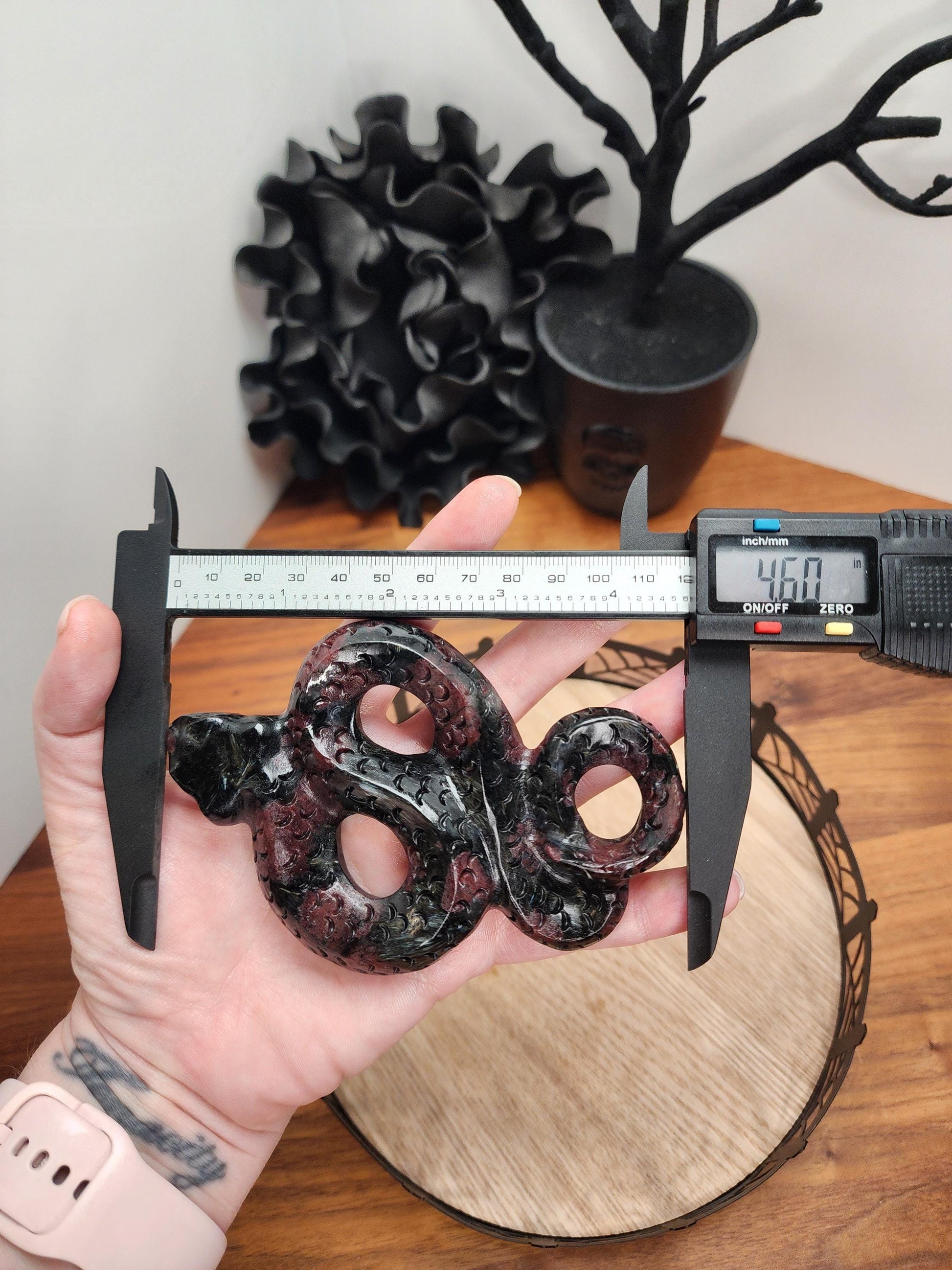 Fireworks Garnet Snake | 4.5" Crystal Serpent | Ruby Red embedded in Black Astrophyllite with blue flash for Spooky Season | Lunar New Year