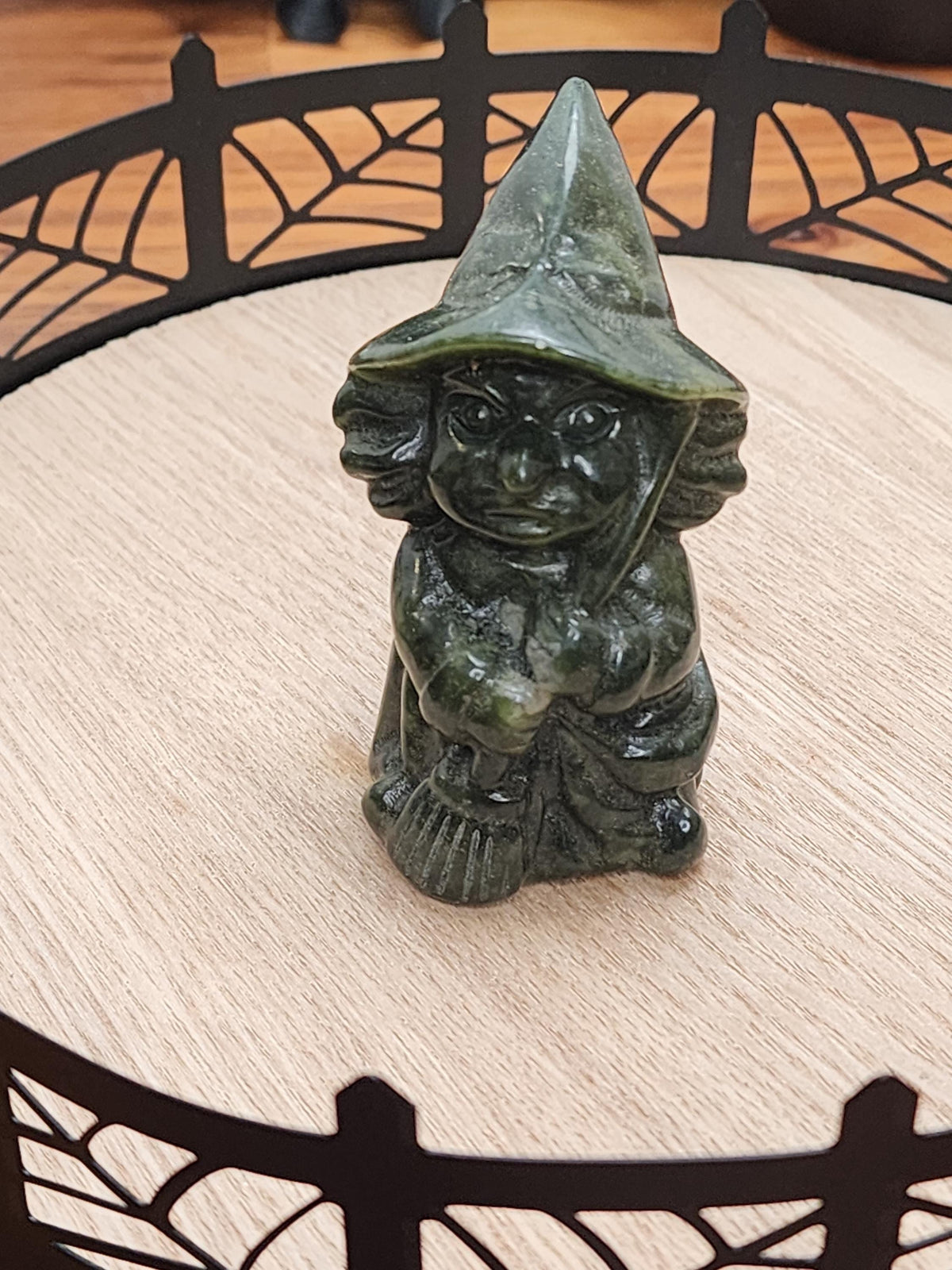 Green Jade Witch Carving: 3" Crystal Figurine with Broom