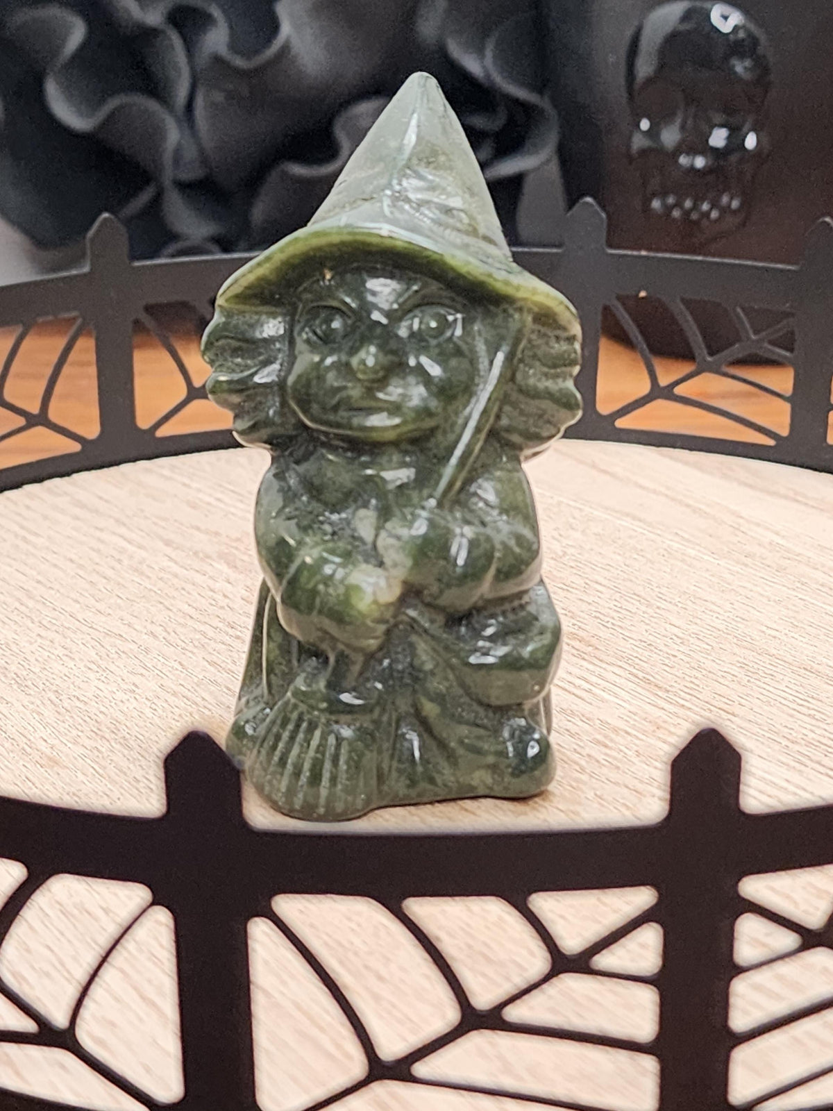 Green Jade Witch Carving: 3" Crystal Figurine with Broom