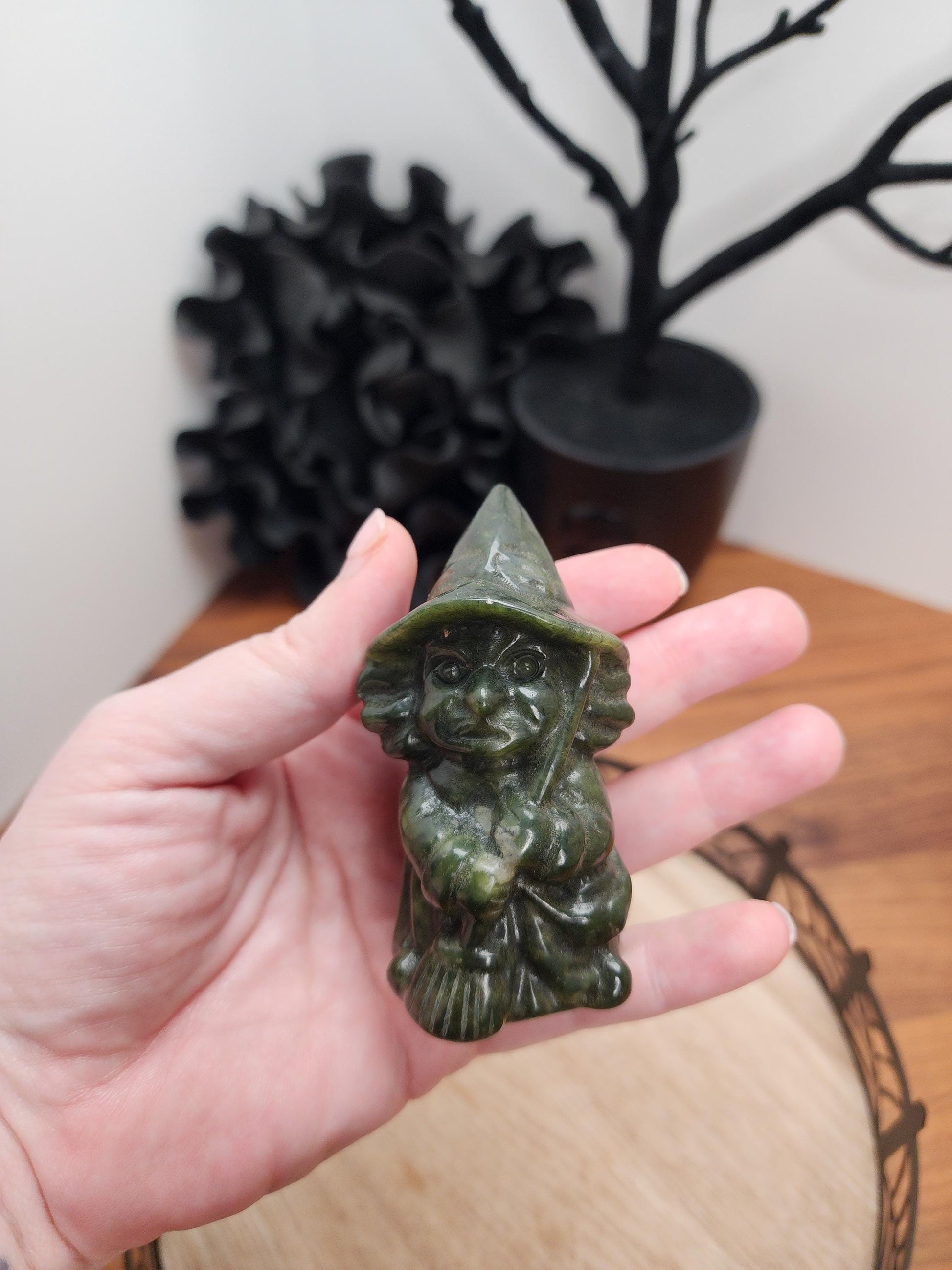 Green Jade Wise Old Witch | 3" Crystal Carving with beautiful detail all the way around. | Kitchen Witchery | Intuitively Chosen