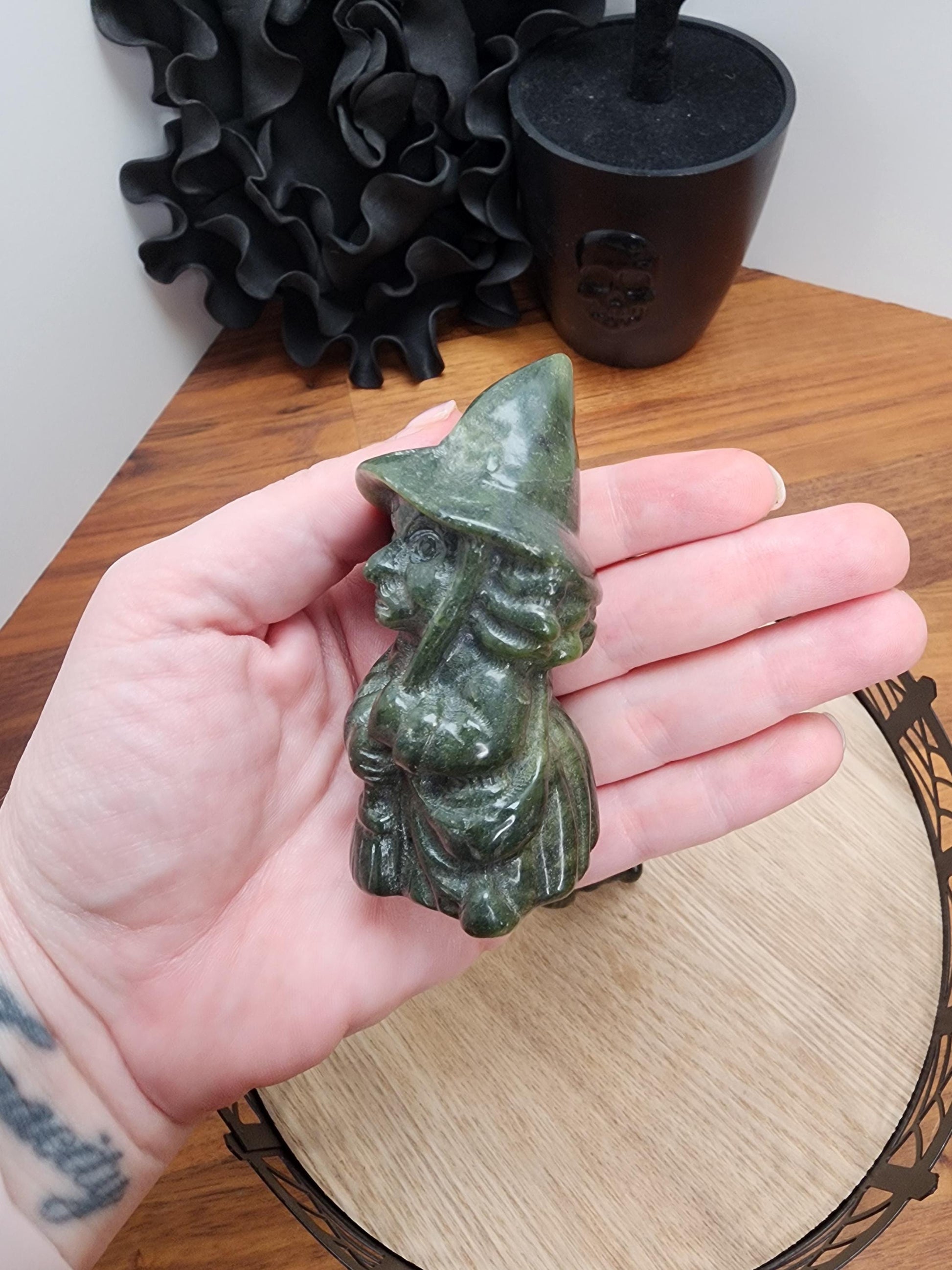 Green Jade Wise Old Witch | 3" Crystal Carving with beautiful detail all the way around. | Kitchen Witchery | Intuitively Chosen