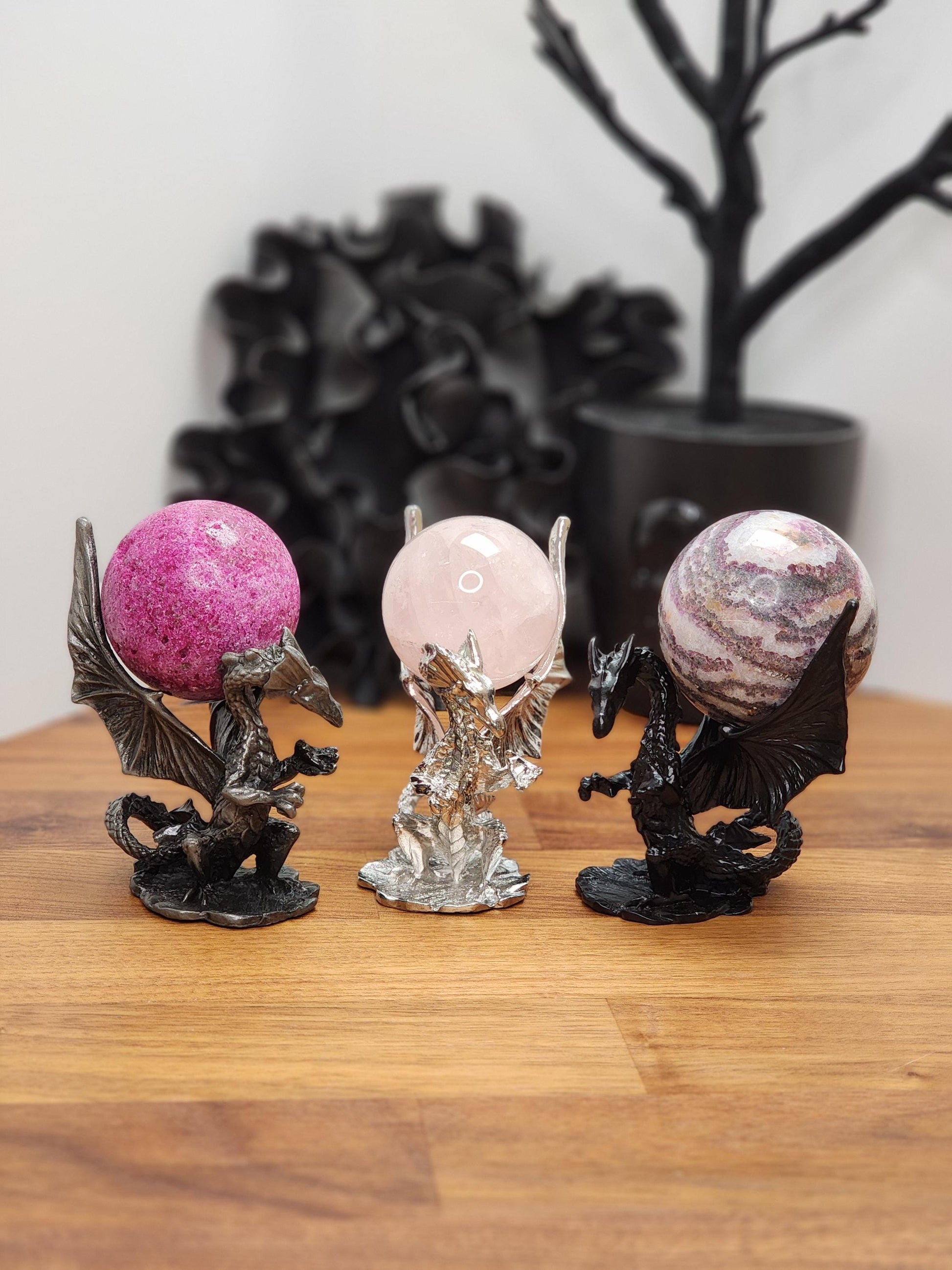 Dragon Sphere Stand | Metal Crystal Ball Holder | Fantasy book lover decor | Black, Silver, or Brushed Silver | Imperfect small wobble