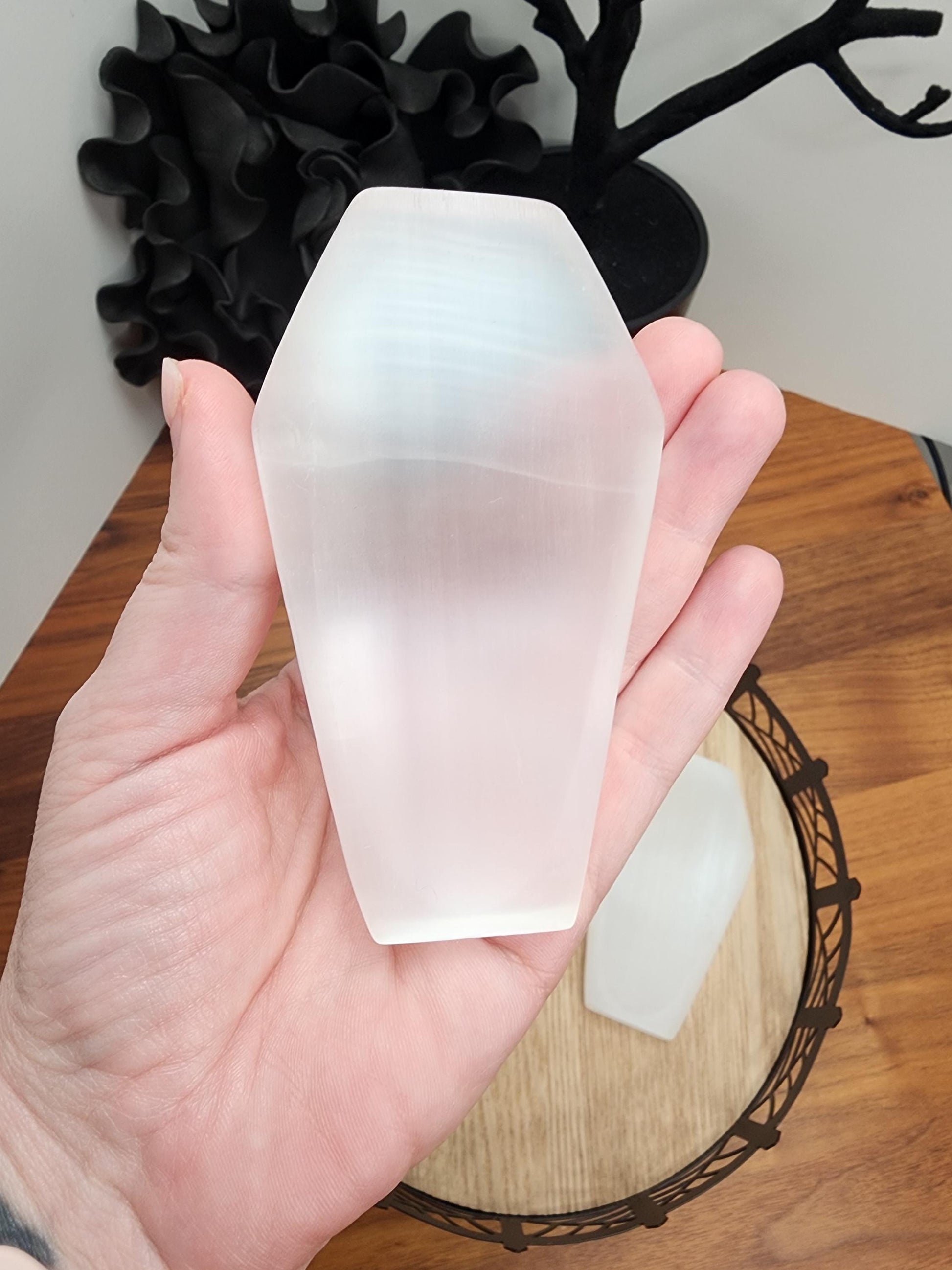 Selenite Coffin Ring Dish | Satin Spar Charging Plate for Crystals | Crystal Confetti or Mix Bowl | Graveyard Halloween Decor | Pastel Goth