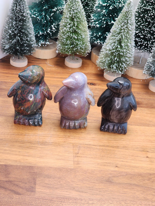 Crystal Penguin: Ocean Jasper & Silver Sheen Obsidian Holiday Decor