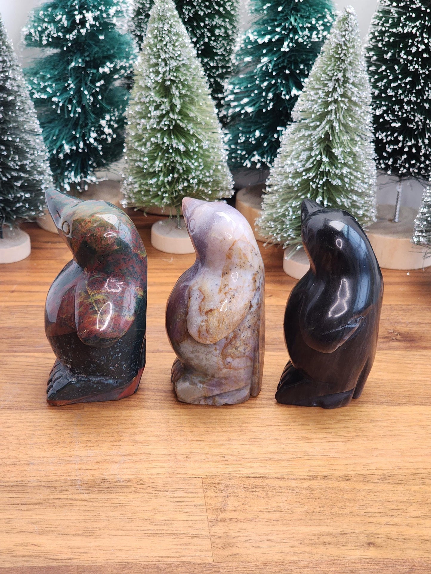 Crystal Penquins | Ocean Jasper & Silver Sheen Black Obsidian | Large One of a Kind Holiday, Winter or Christmas Home Decor items