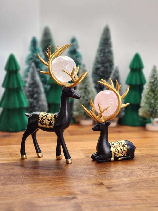 Black Deer Crystal Sphere Stand Set | Classy Christmas & Winter Decor | 8" Mama and 5.5" Baby | Stag Gold Antlers | Husband and wife gift