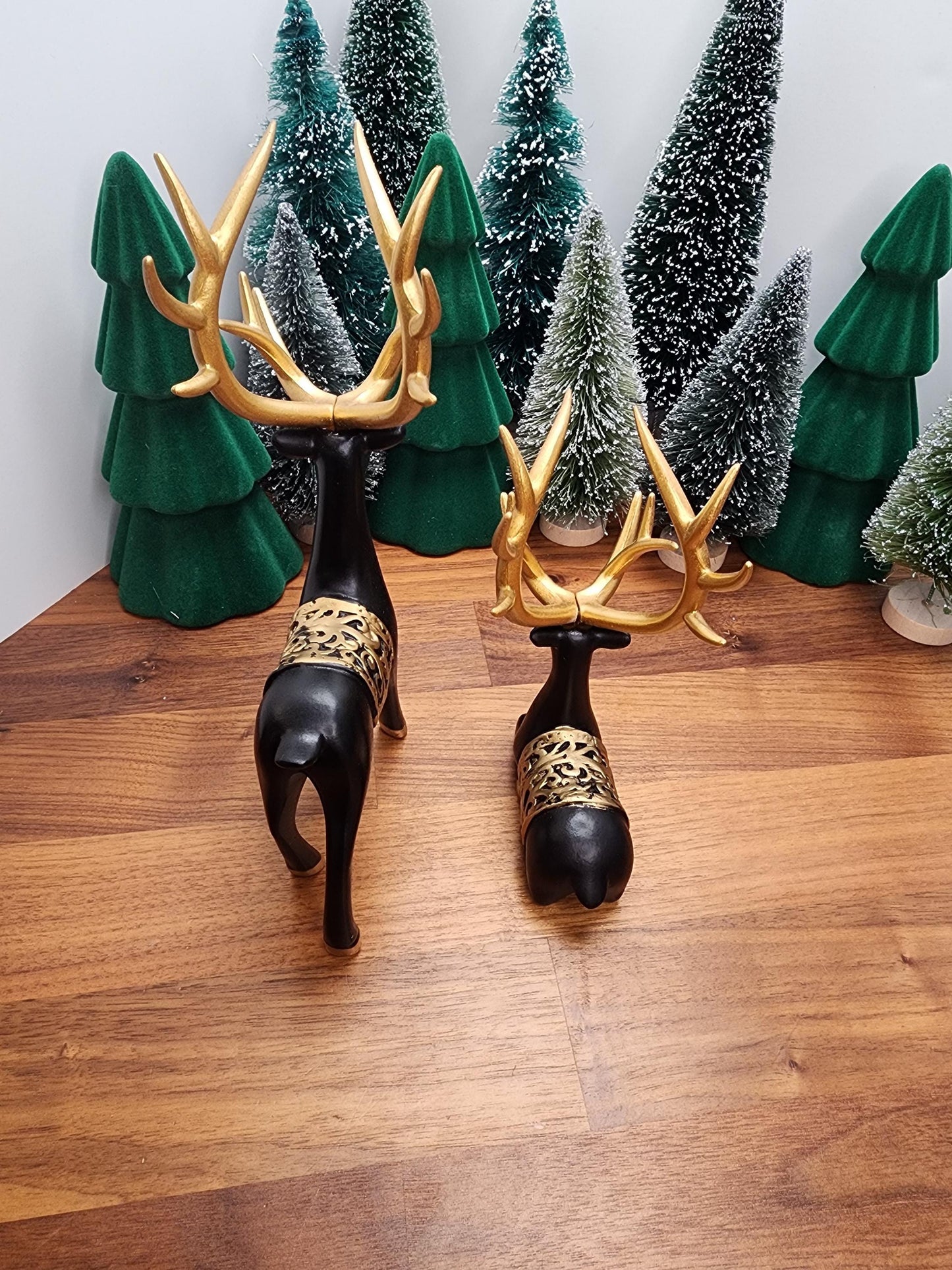 Black Deer Crystal Sphere Stand Set | Classy Christmas & Winter Decor | 8" Mama and 5.5" Baby | Stag Gold Antlers | Husband and wife gift