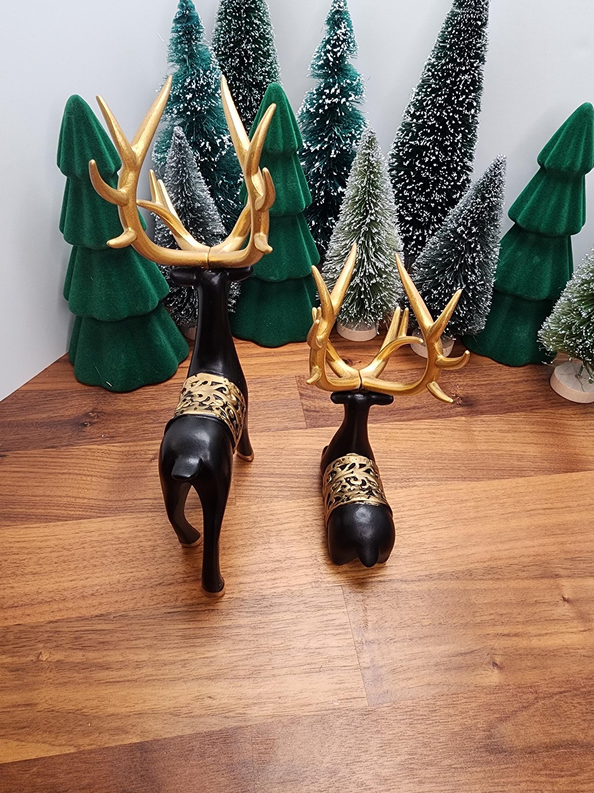 Black Deer Crystal Sphere Stand Set | Classy Christmas & Winter Decor | 8" Mama and 5.5" Baby | Stag Gold Antlers | Husband and wife gift