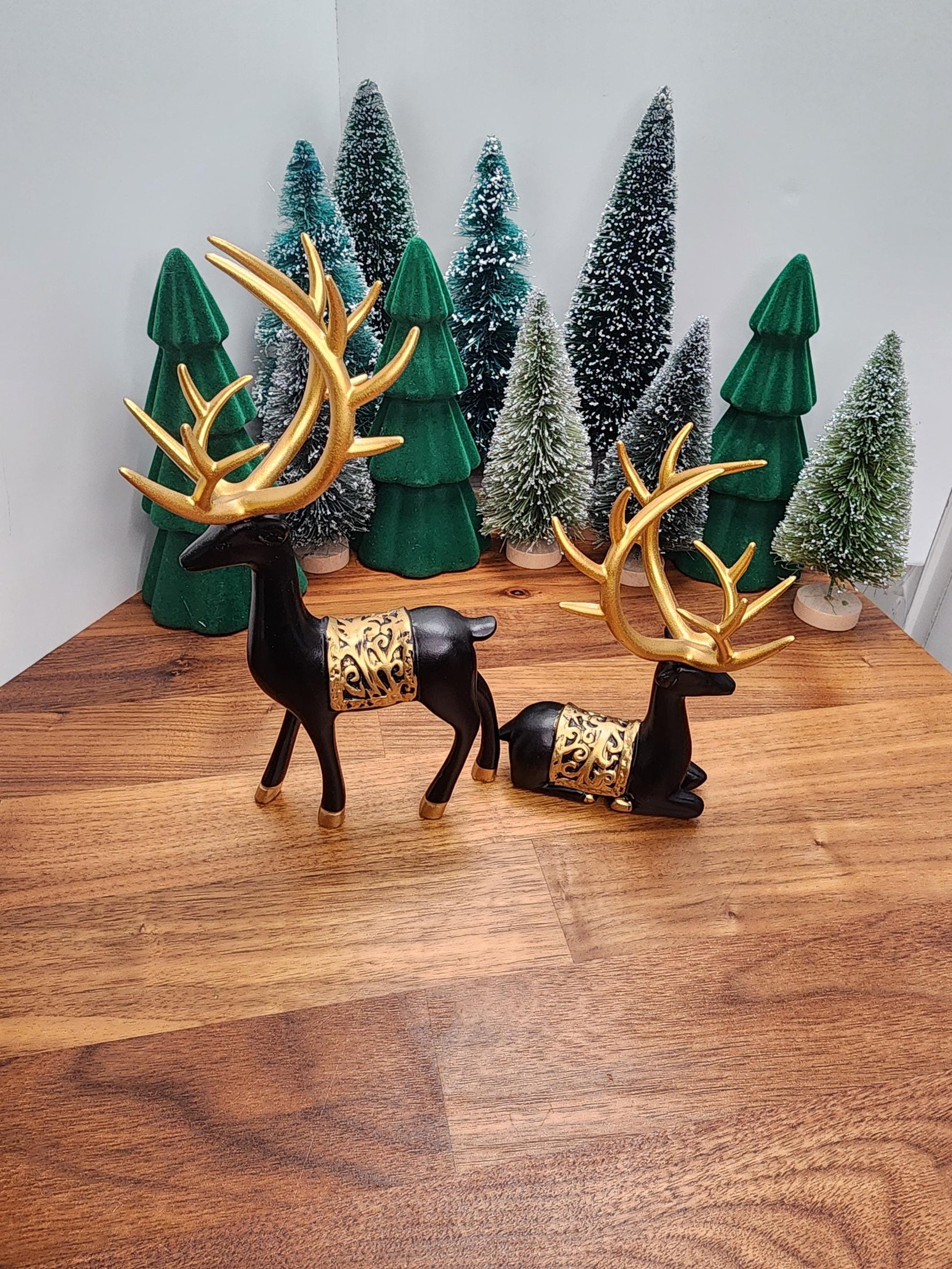 Black Deer Crystal Sphere Stand Set | Classy Christmas & Winter Decor | 8" Mama and 5.5" Baby | Stag Gold Antlers | Husband and wife gift