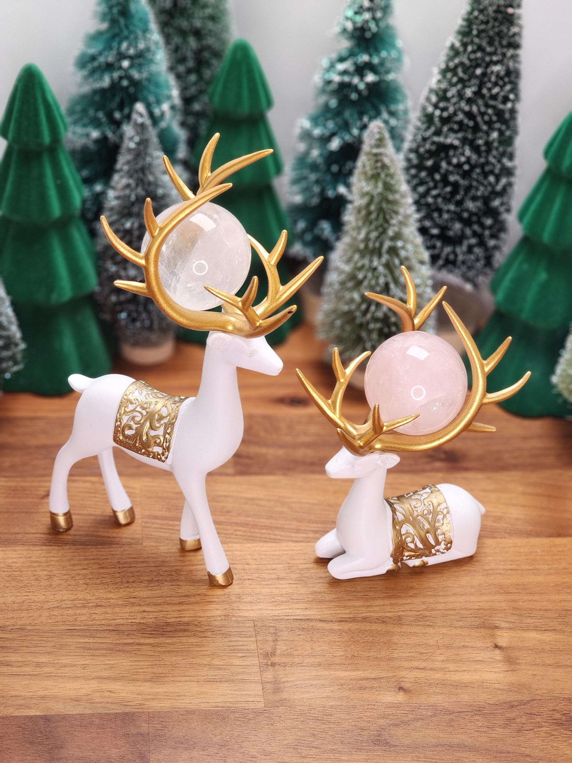 White Deer Crystal Sphere Stand Set: Gold Antler Winter Decor