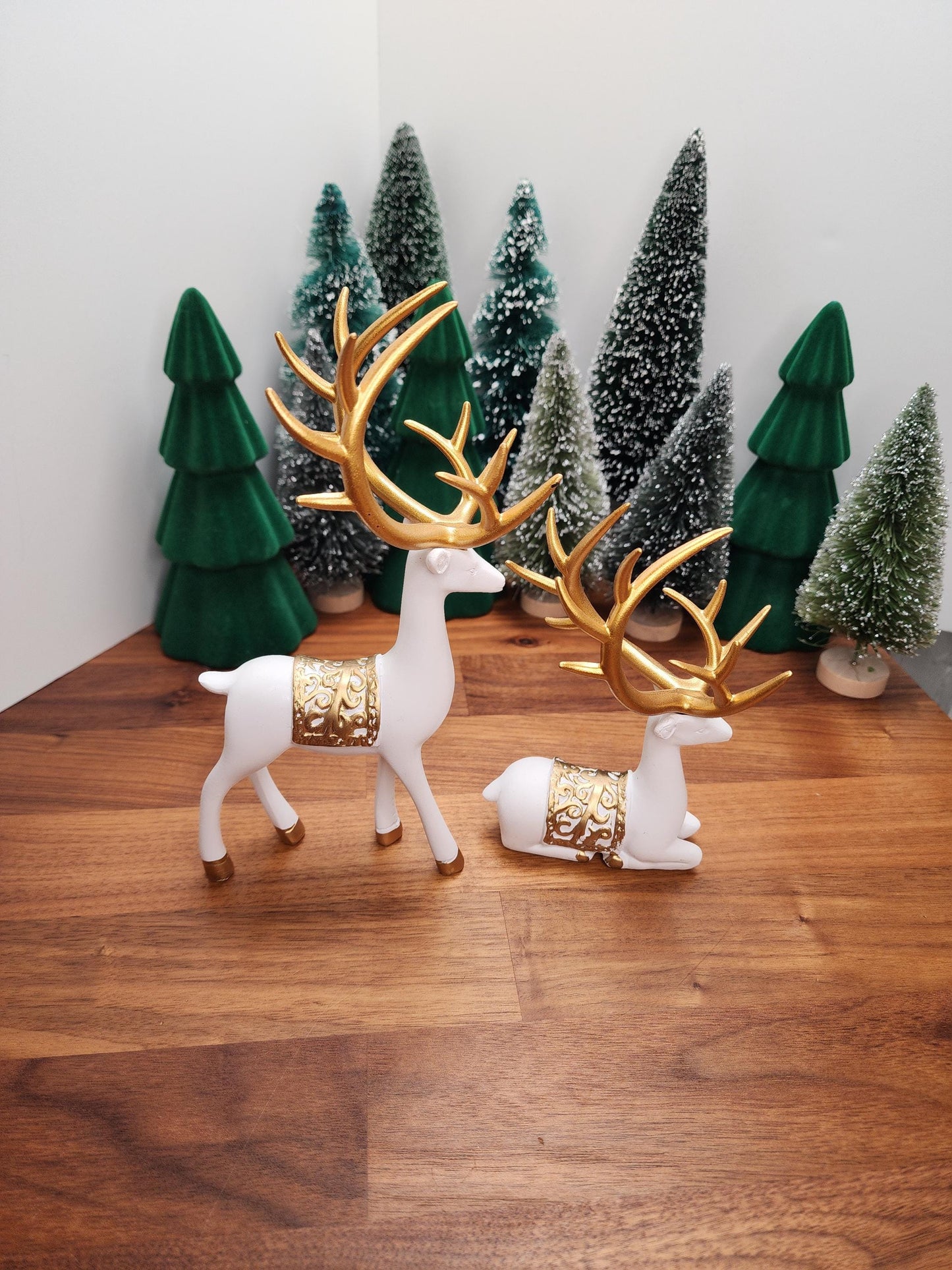 White Deer Crystal Sphere Stand Set | Classy Christmas & Winter Decor | 8" Mama and 5.5" Baby | Stag Gold Antlers | Husband and wife gift