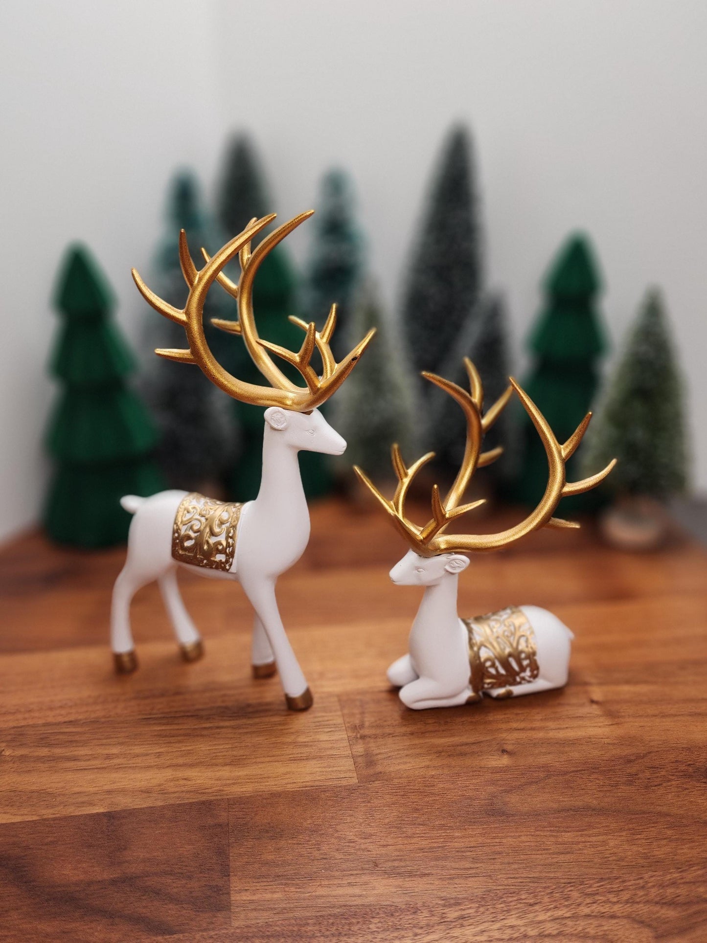 White Deer Crystal Sphere Stand Set: Gold Antler Winter Decor
