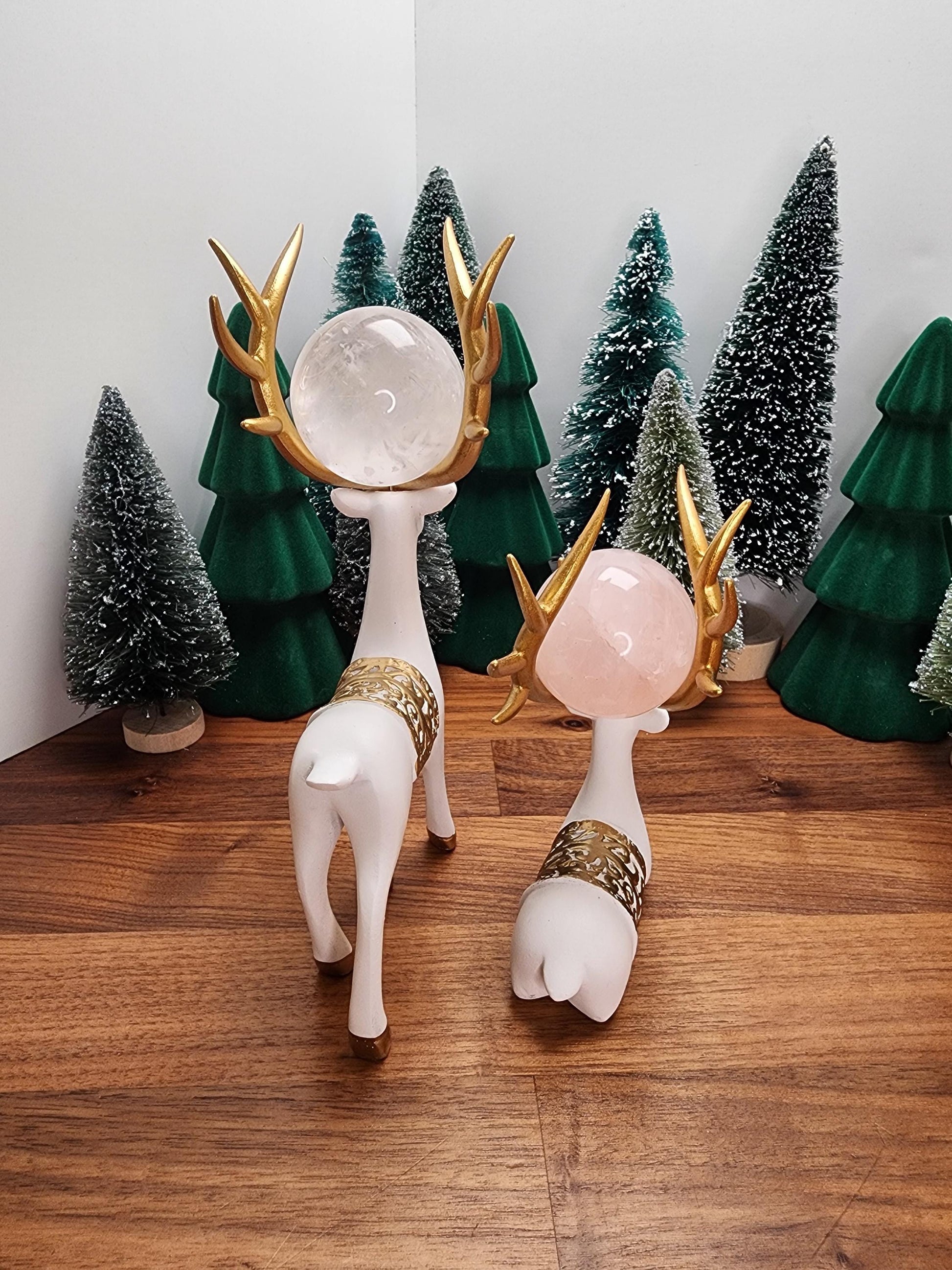 White Deer Crystal Sphere Stand Set: Gold Antler Winter Decor