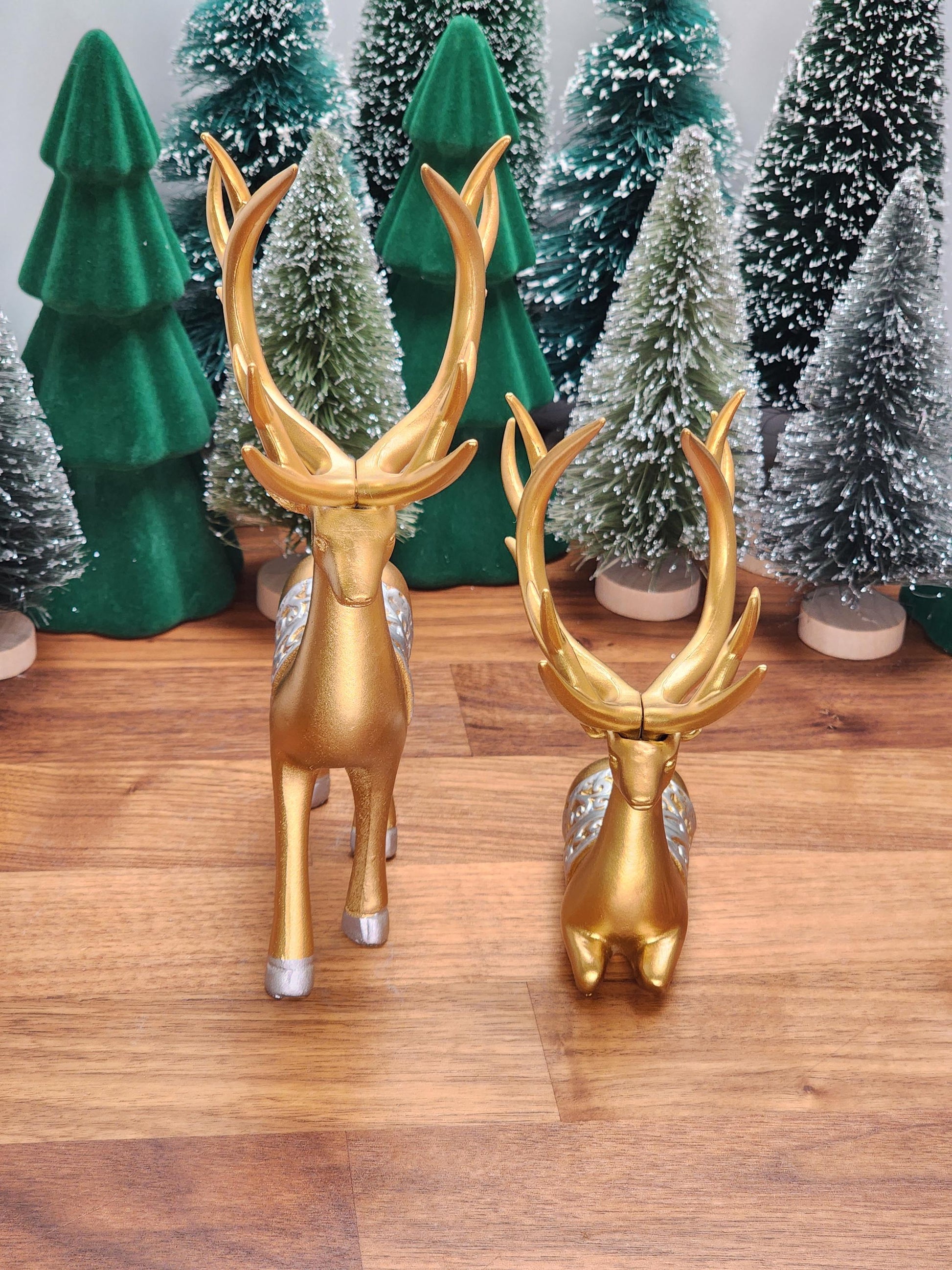 Gold Deer Crystal Sphere Stand Set | Classy Christmas & Winter Decor | 8" Mama and 5.5" Baby | Stag with Silver Antlers | Husband wife gift