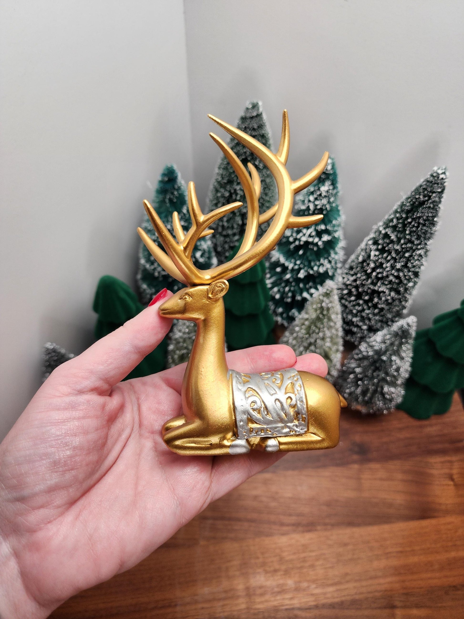 Gold Deer Crystal Sphere Stand Set | Classy Christmas & Winter Decor | 8" Mama and 5.5" Baby | Stag with Silver Antlers | Husband wife gift