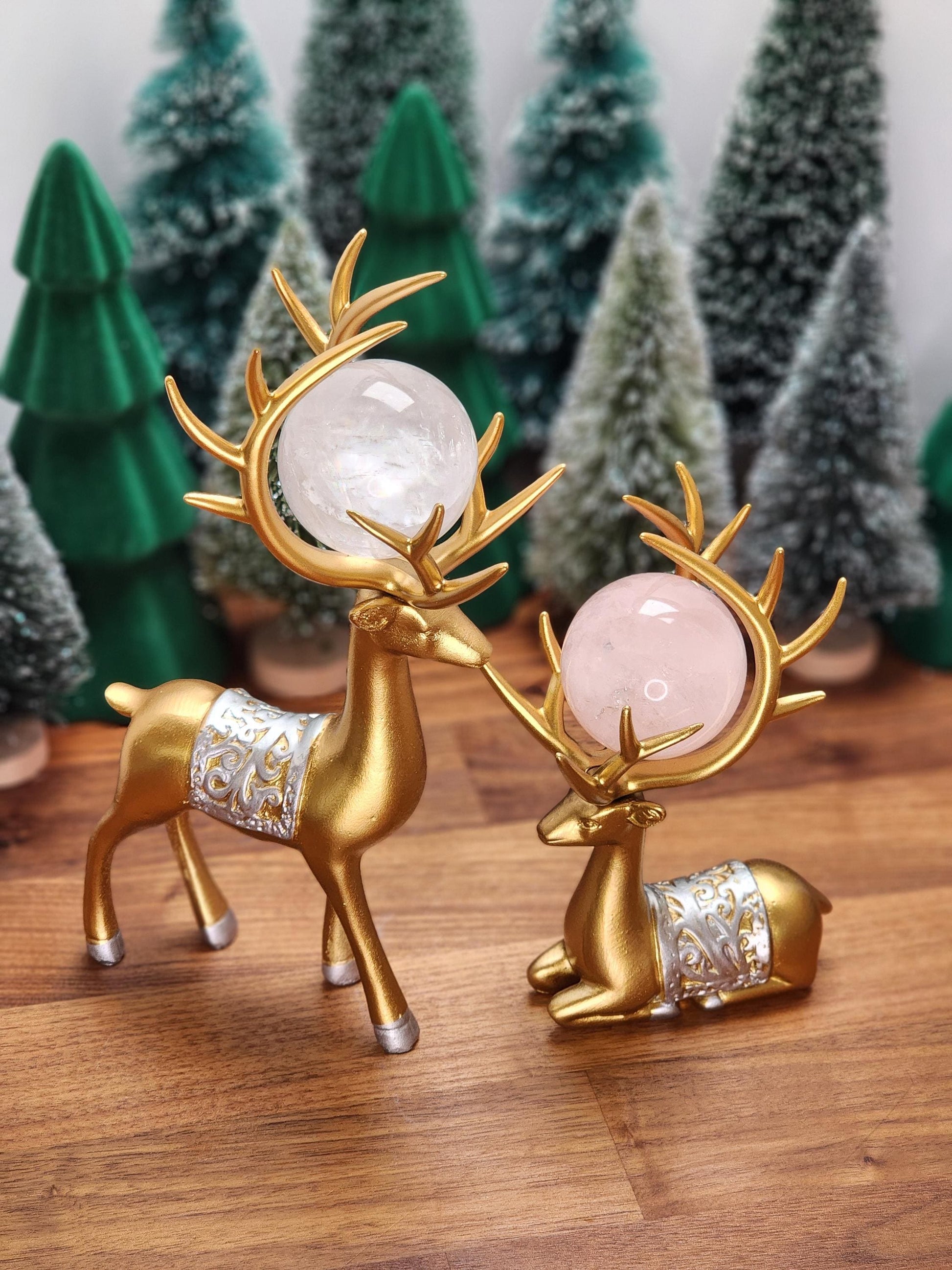 Gold Deer Crystal Sphere Stand Set | Classy Christmas & Winter Decor | 8" Mama and 5.5" Baby | Stag with Silver Antlers | Husband wife gift