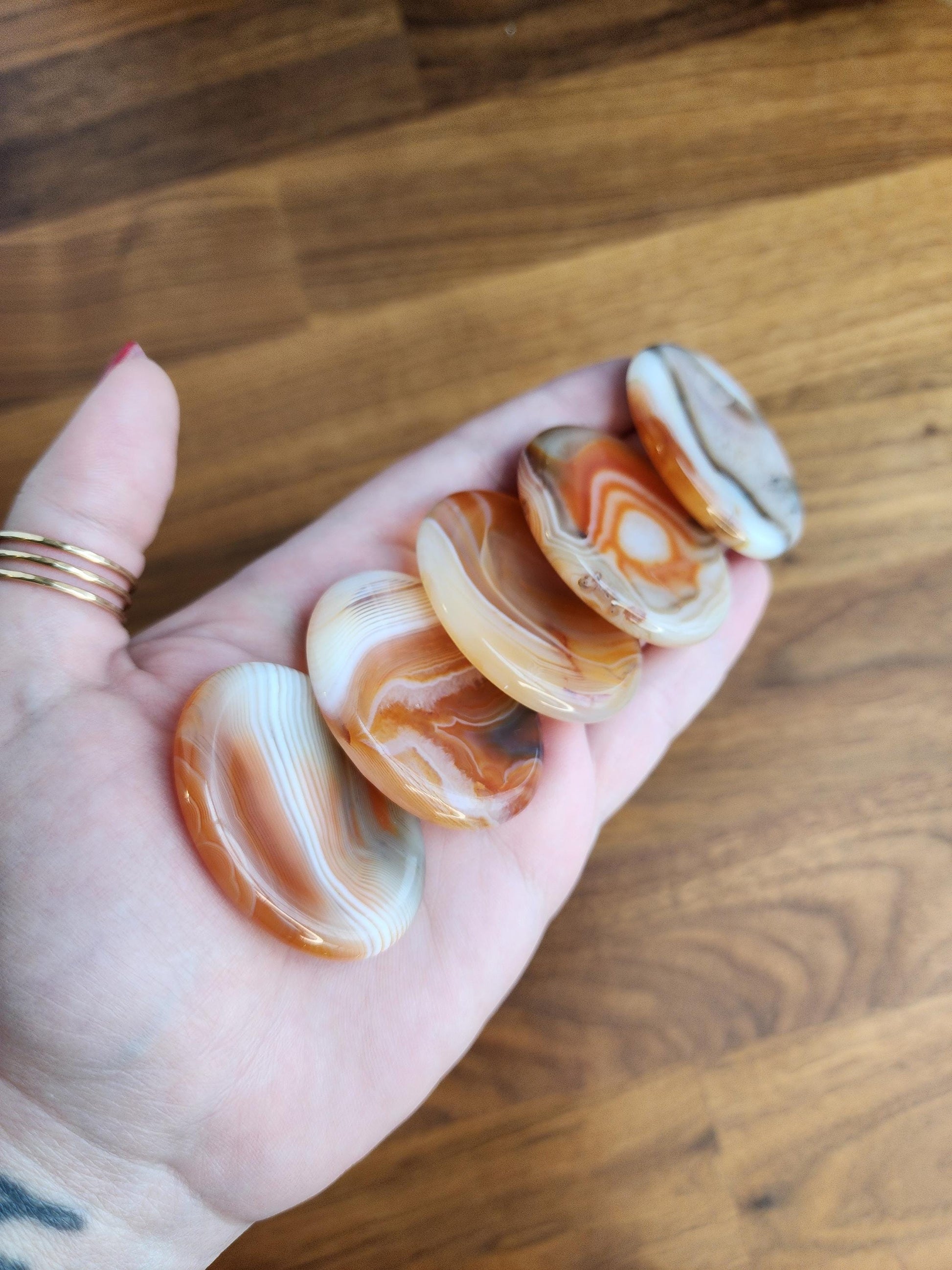 Banded Agate Worry Stone: Red, Orange, and Gray Crystal Fidget (1.77")