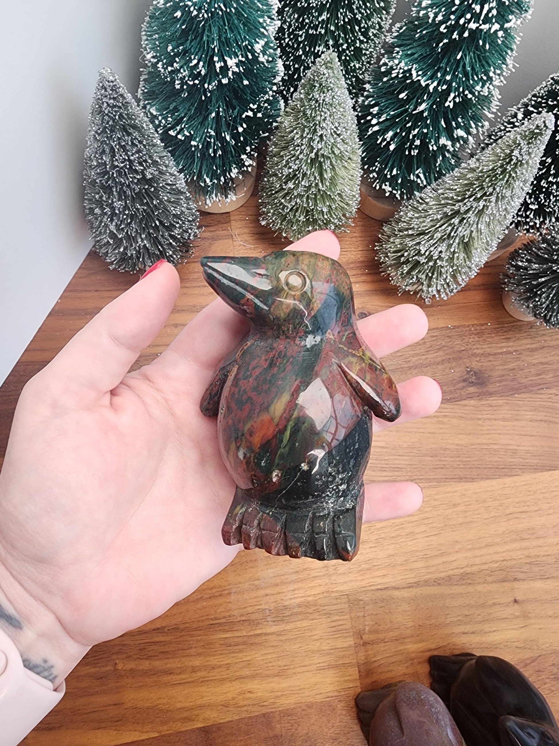 Crystal Penquins | Ocean Jasper & Silver Sheen Black Obsidian | Large One of a Kind Holiday, Winter or Christmas Home Decor items