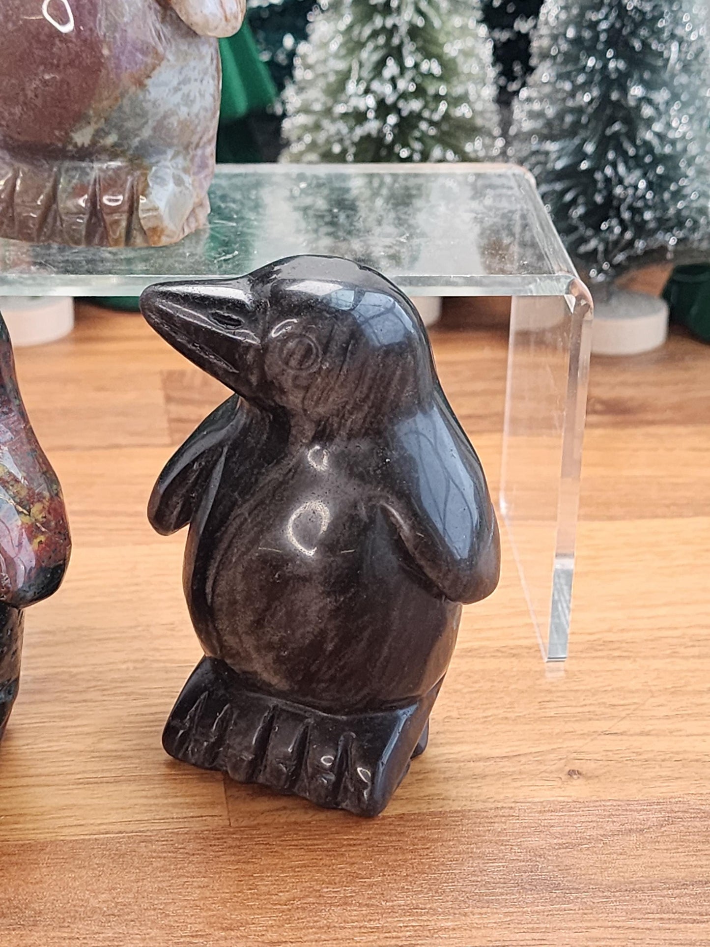 Crystal Penquins | Ocean Jasper & Silver Sheen Black Obsidian | Large One of a Kind Holiday, Winter or Christmas Home Decor items